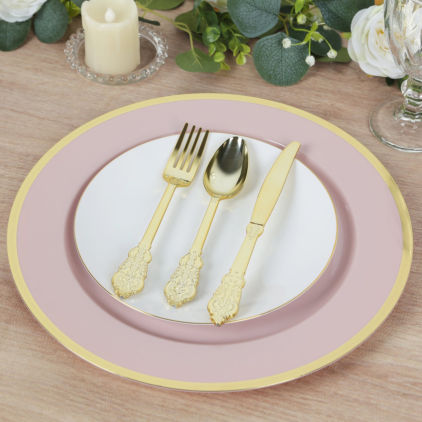 10 Pack Blush Economy Plastic Charger Plates With Gold Rim, 12" Round Dinner Chargers Event Tabletop Decor