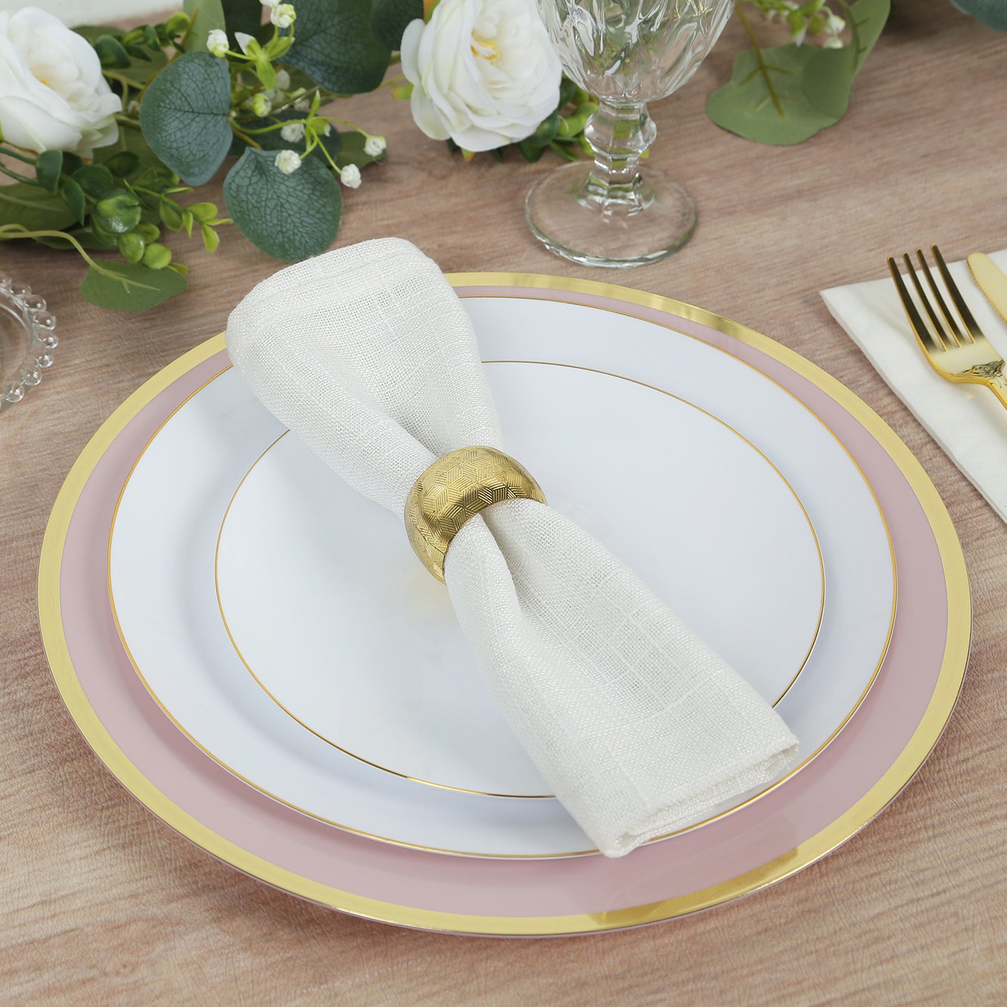 10 Pack Blush Economy Plastic Charger Plates With Gold Rim, 12" Round Dinner Chargers Event Tabletop Decor