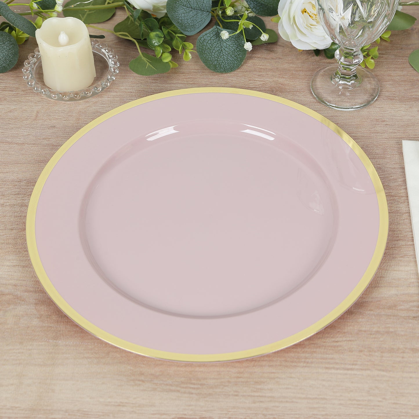 10 Pack Blush Economy Plastic Charger Plates With Gold Rim, 12" Round Dinner Chargers Event Tabletop Decor