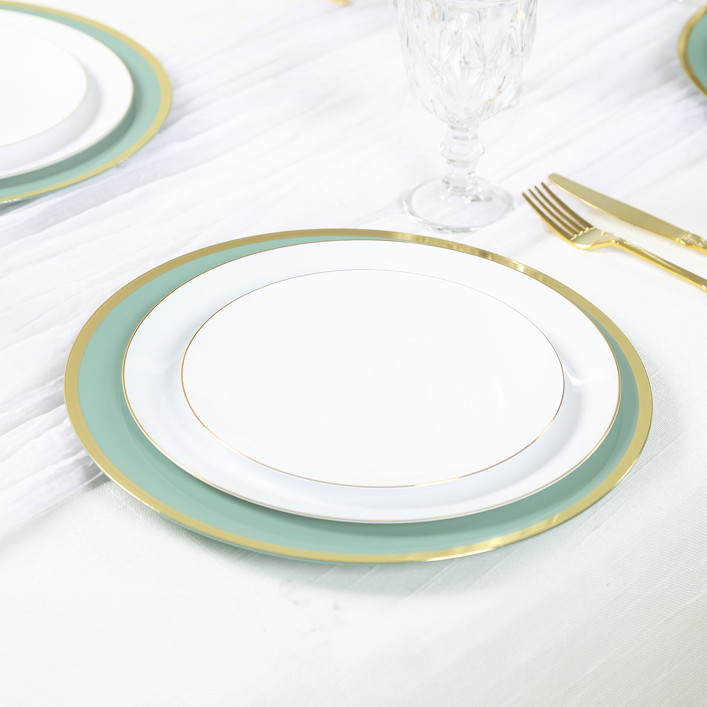 10 Pack Dusty Sage Green Economy Plastic Charger Plates With Gold Rim, 12" Round Dinner Chargers Event Tabletop Decor