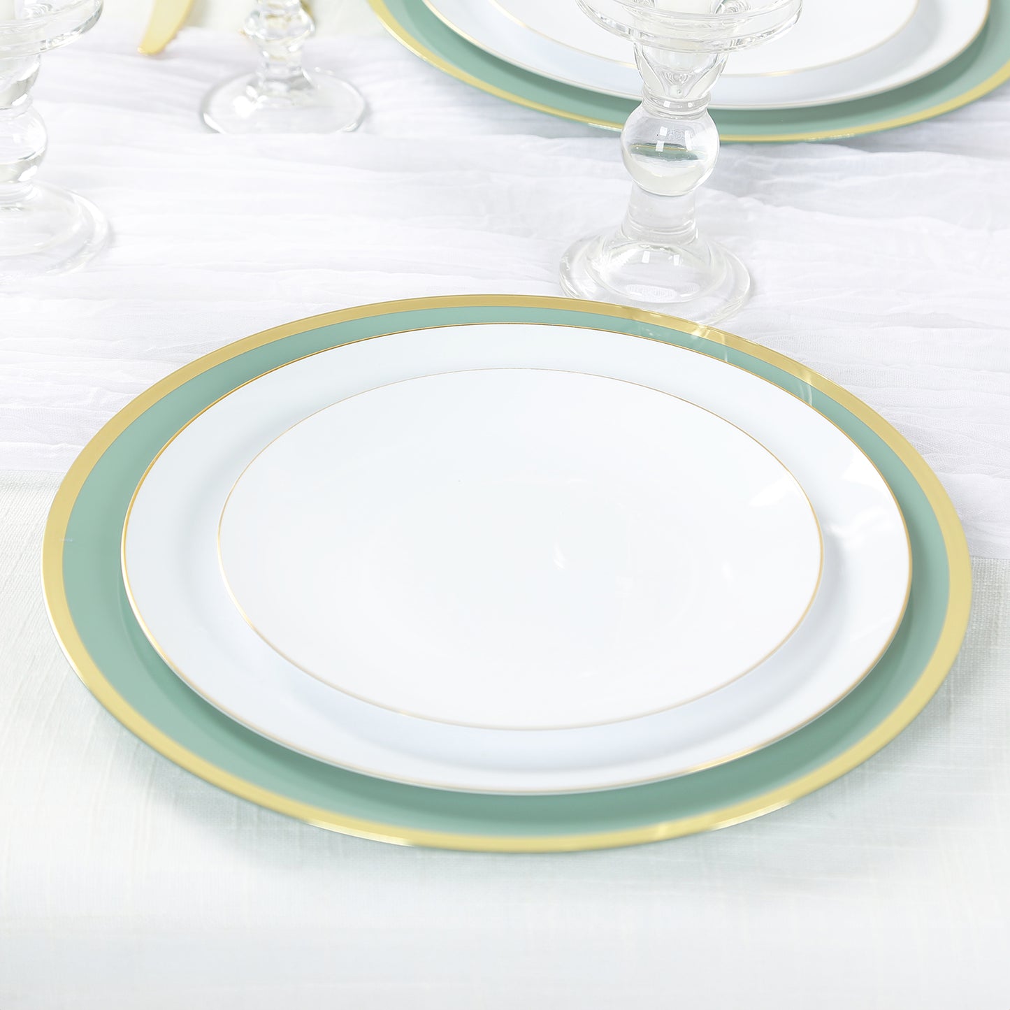 10 Pack Dusty Sage Green Economy Plastic Charger Plates With Gold Rim, 12" Round Dinner Chargers Event Tabletop Decor