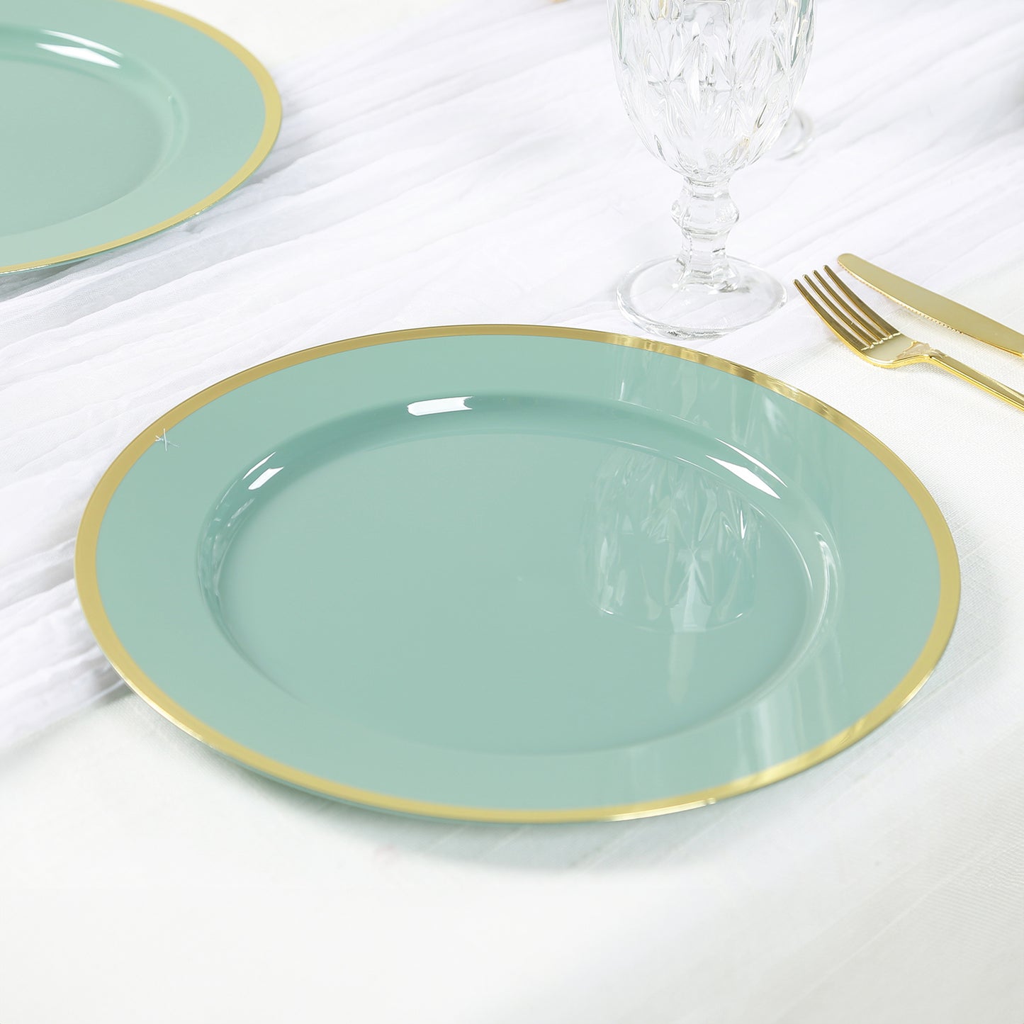 10 Pack Dusty Sage Green Economy Plastic Charger Plates With Gold Rim, 12" Round Dinner Chargers Event Tabletop Decor