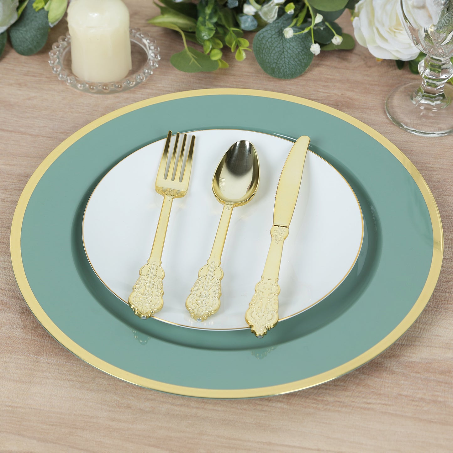 10 Pack Dusty Sage Green Economy Plastic Charger Plates With Gold Rim, 12" Round Dinner Chargers Event Tabletop Decor