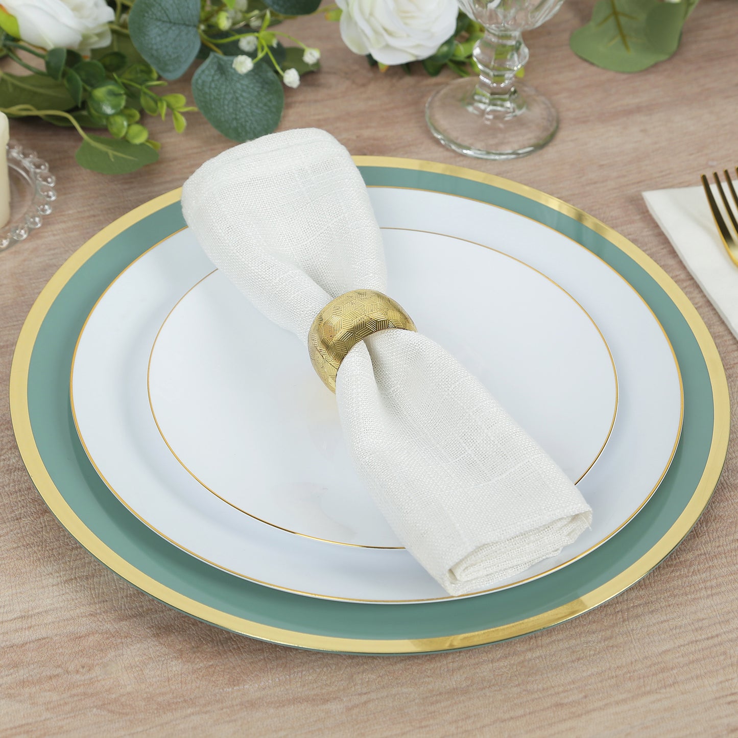 10 Pack Dusty Sage Green Economy Plastic Charger Plates With Gold Rim, 12" Round Dinner Chargers Event Tabletop Decor