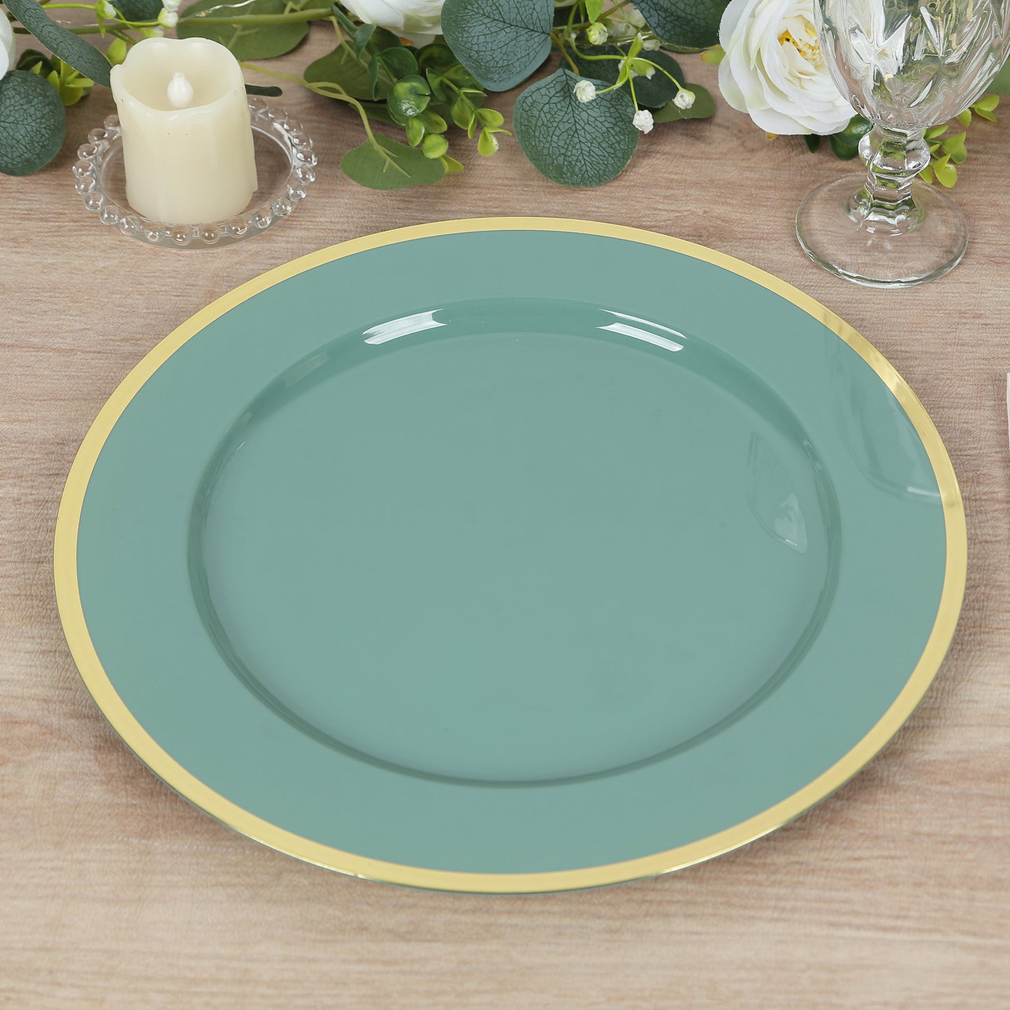 10 Pack Dusty Sage Green Economy Plastic Charger Plates With Gold Rim, 12" Round Dinner Chargers Event Tabletop Decor