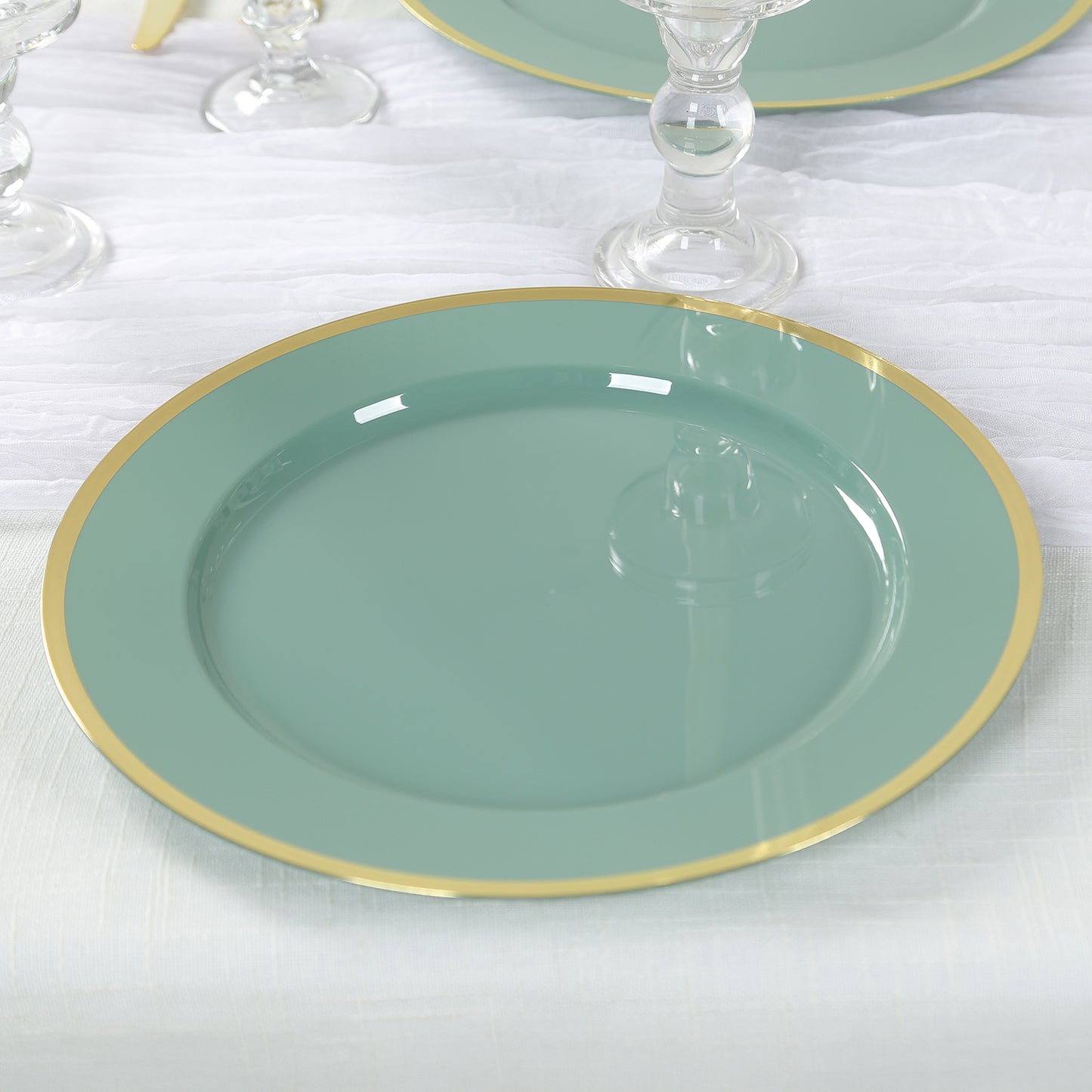 10 Pack Dusty Sage Green Economy Plastic Charger Plates With Gold Rim, 12" Round Dinner Chargers Event Tabletop Decor