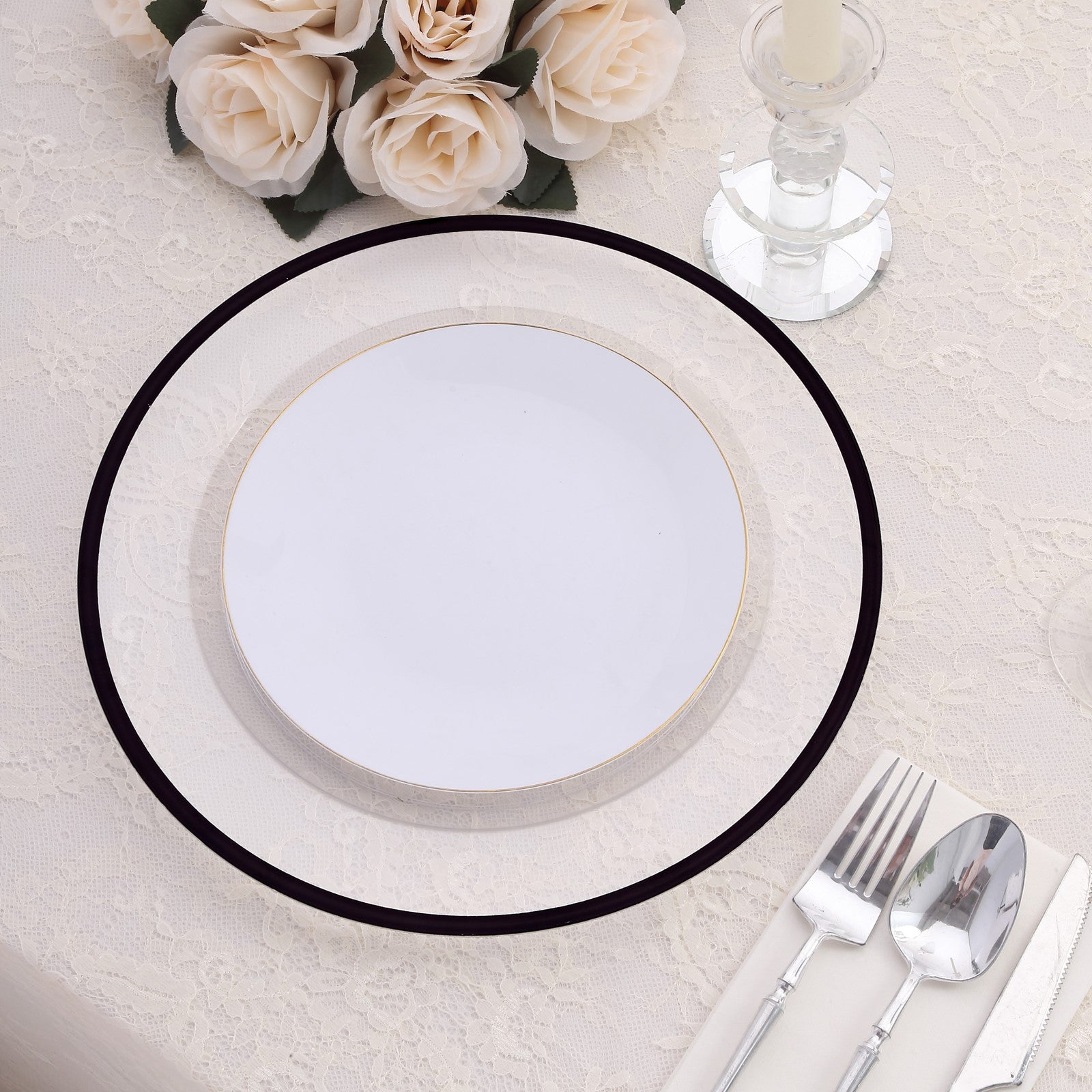 10 Pack Clear Economy Plastic Charger Plates With Black Rim, 12" Round Dinner Chargers Event Tabletop Decor