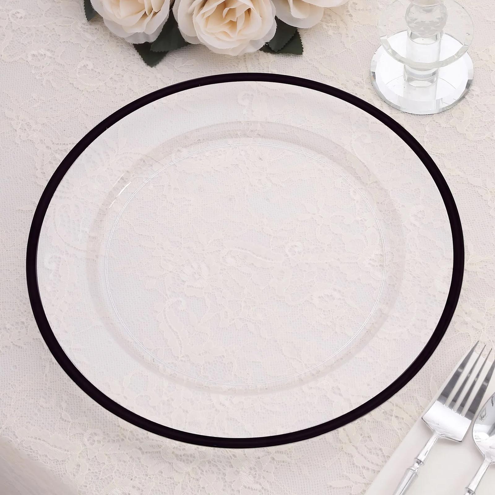 10 Pack Clear Economy Plastic Charger Plates With Black Rim, 12" Round Dinner Chargers Event Tabletop Decor
