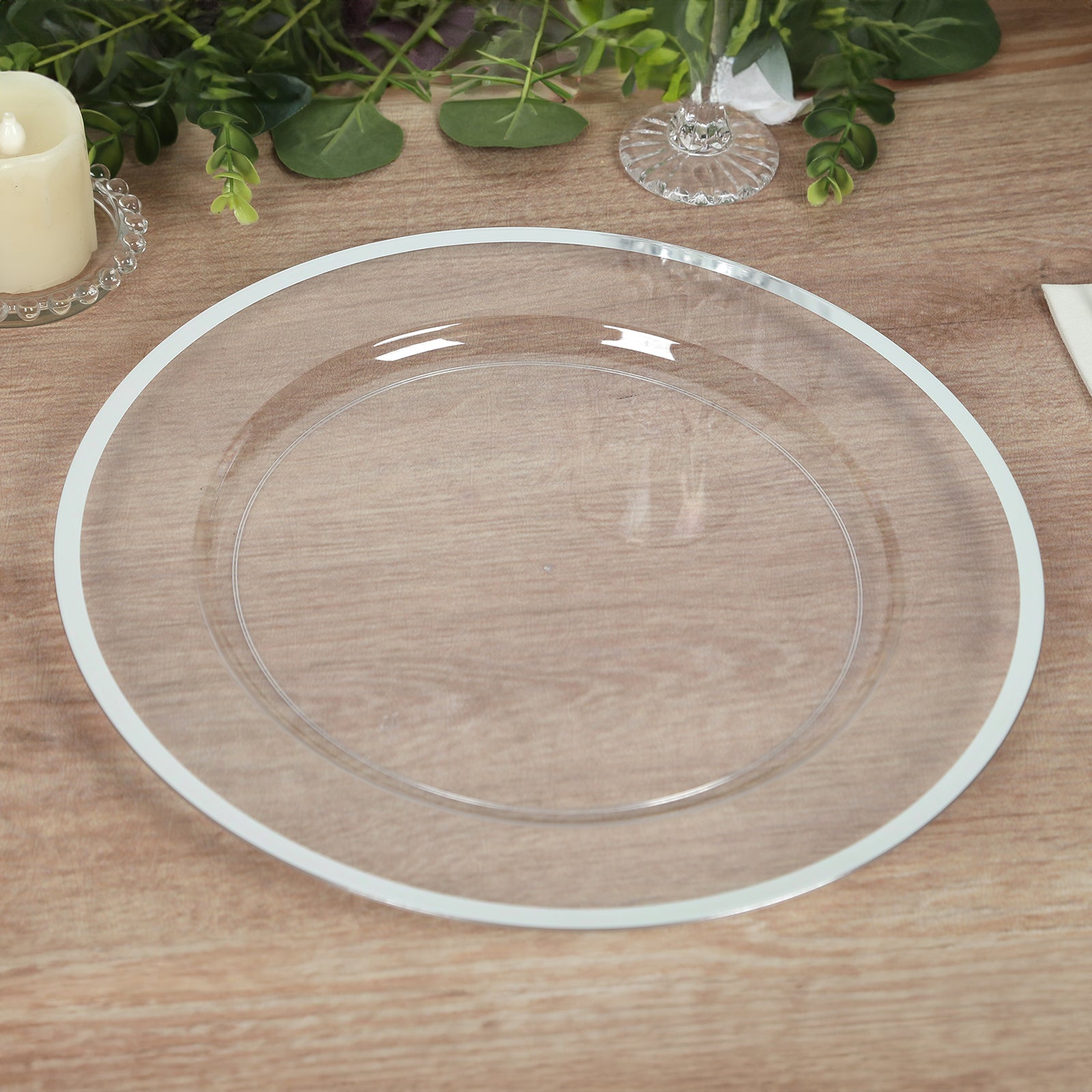 10 Pack Clear Economy Plastic Charger Plates With Silver Rim, 12" Round Dinner Chargers Event Tabletop Decor