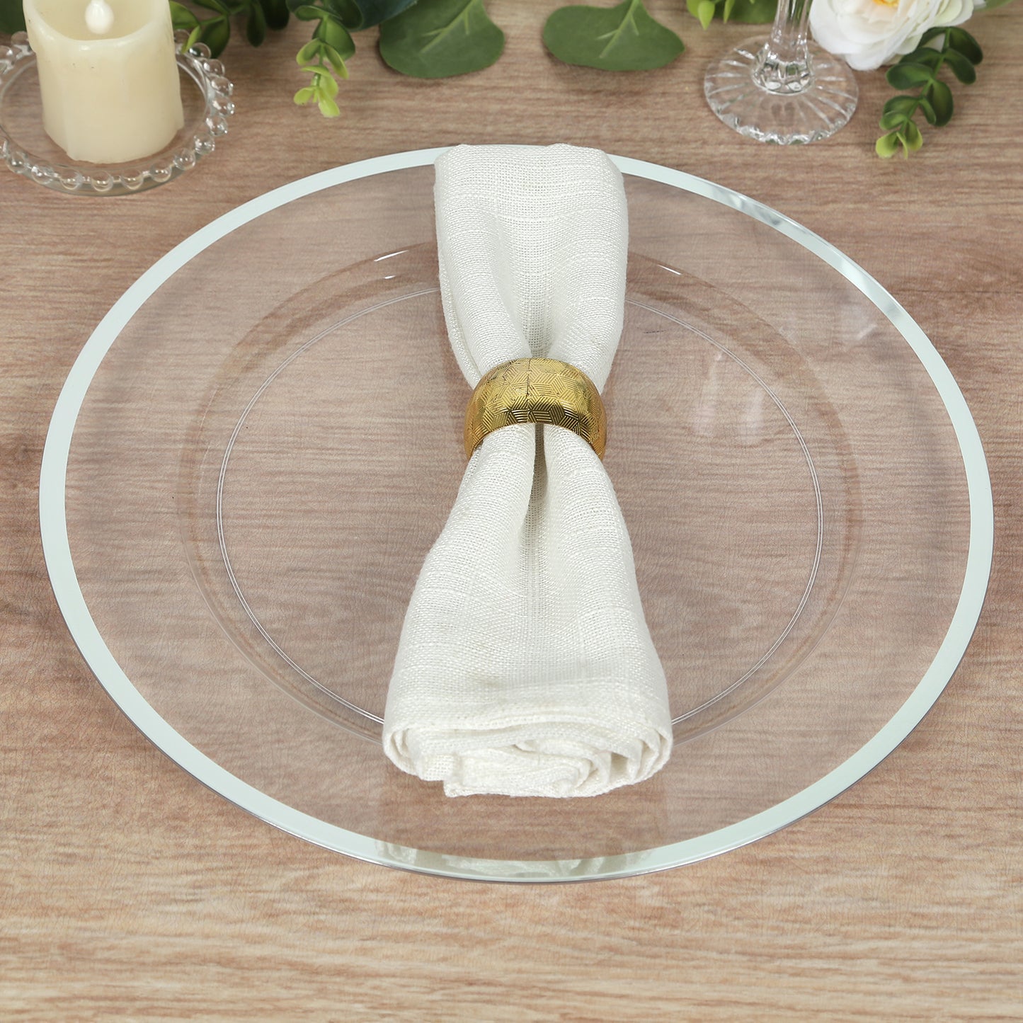 10 Pack Clear Economy Plastic Charger Plates With Silver Rim, 12" Round Dinner Chargers Event Tabletop Decor