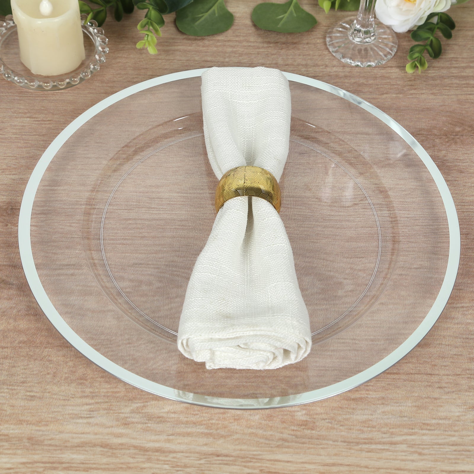 10 Pack Clear Economy Plastic Charger Plates With Silver Rim, 12" Round Dinner Chargers Event Tabletop Decor