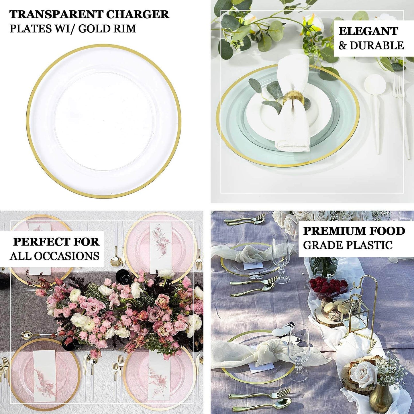 10 Pack Transparent Blush Economy Plastic Charger Plates With Gold Rim, 12" Round Dinner Chargers Event Tabletop Decor