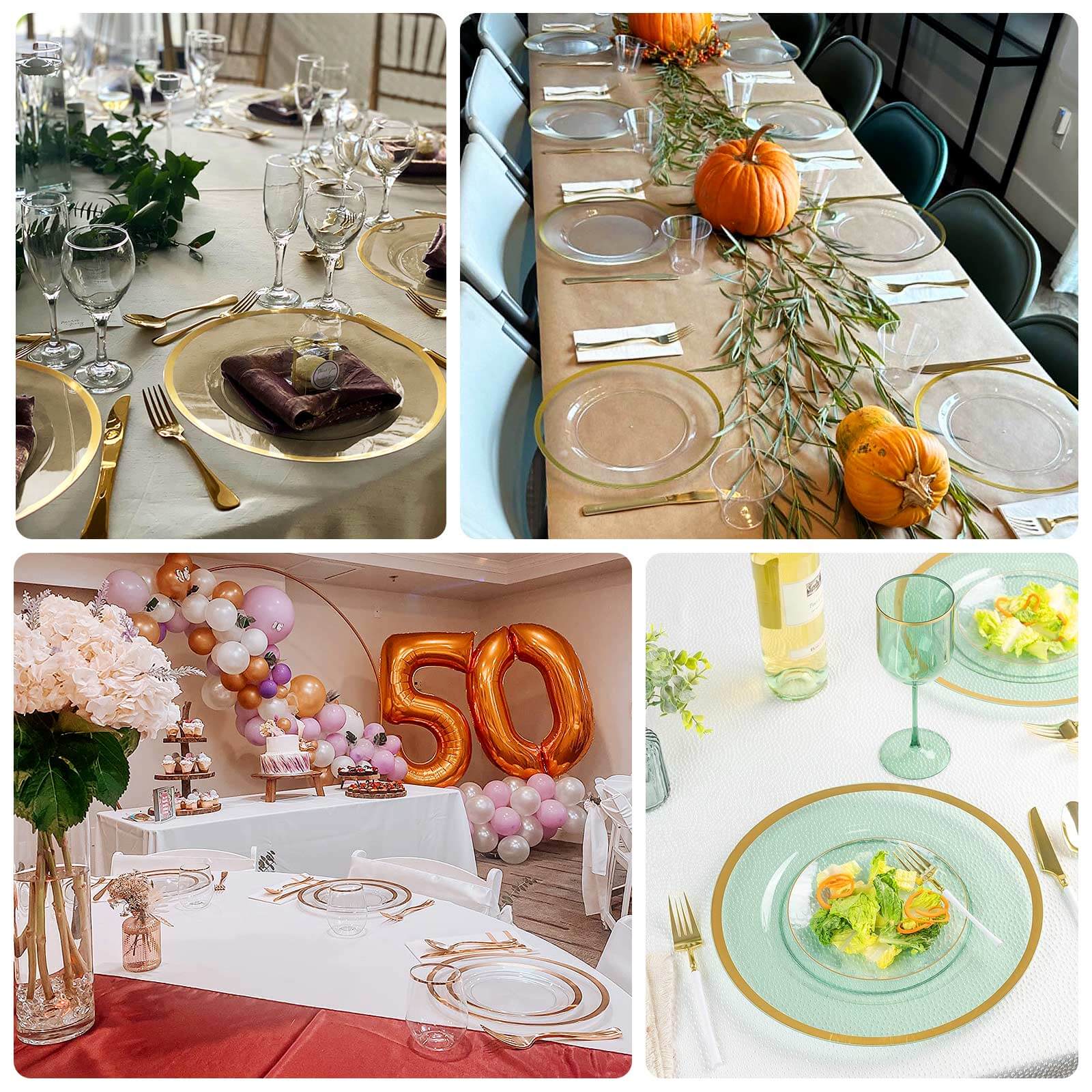 10 Pack Clear Economy Plastic Charger Plates With Black Rim, 12" Round Dinner Chargers Event Tabletop Decor