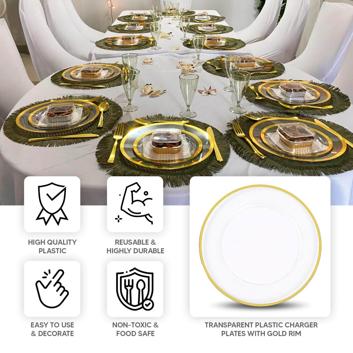 10 Pack Clear Economy Plastic Charger Plates With Gold Rim, 12" Round Dinner Chargers Event Tabletop Decor