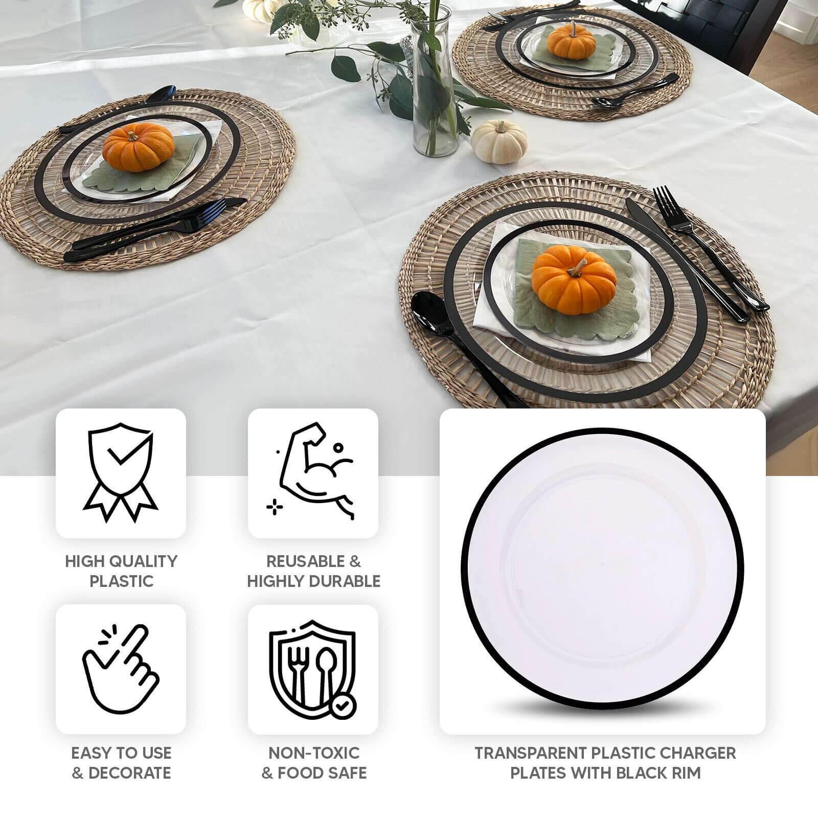 10 Pack Clear Economy Plastic Charger Plates With Black Rim, 12" Round Dinner Chargers Event Tabletop Decor