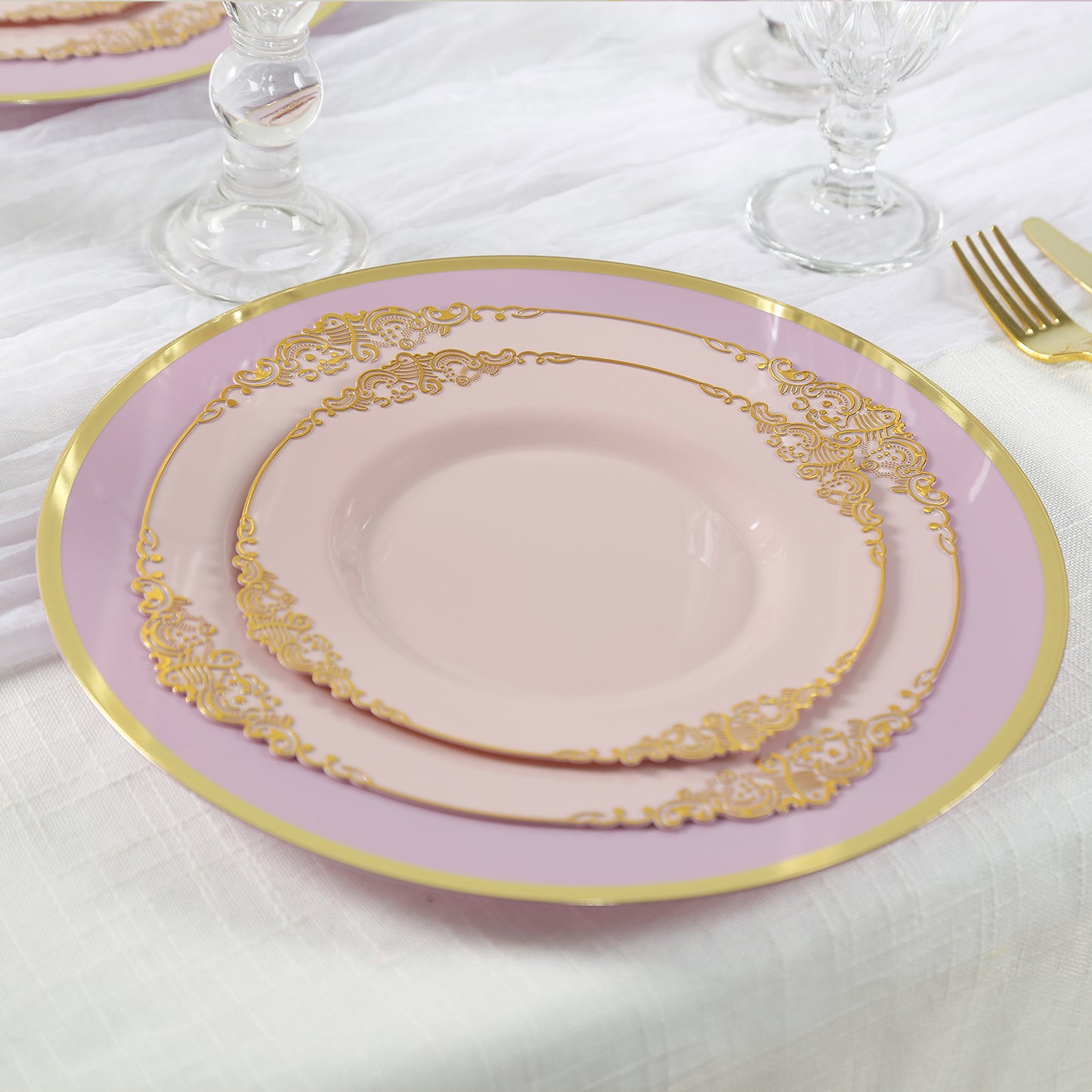 10 Pack Lavender Lilac Economy Plastic Charger Plates With Gold Rim, 12" Round Dinner Chargers Event Tabletop Decor