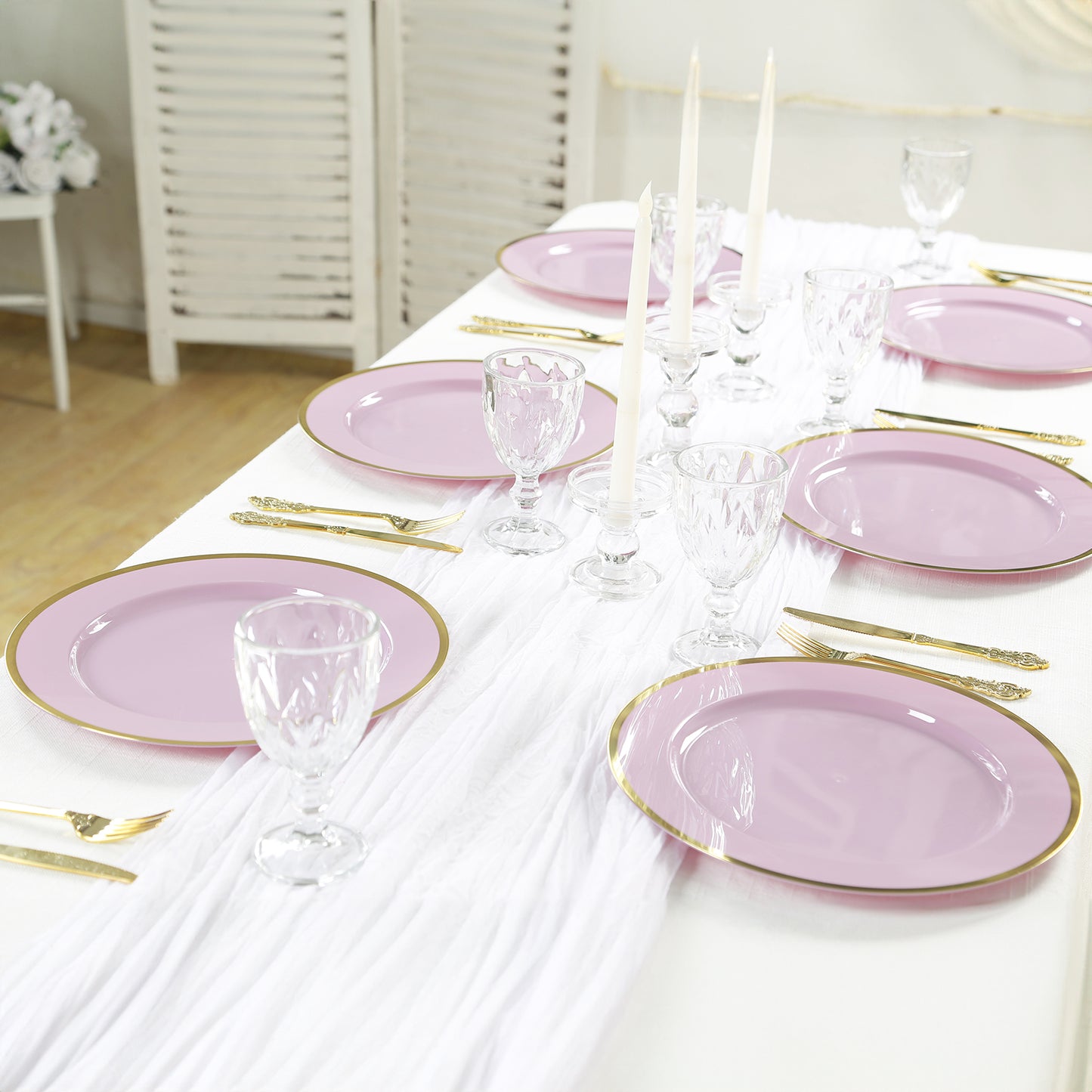 10 Pack Lavender Lilac Economy Plastic Charger Plates With Gold Rim, 12" Round Dinner Chargers Event Tabletop Decor