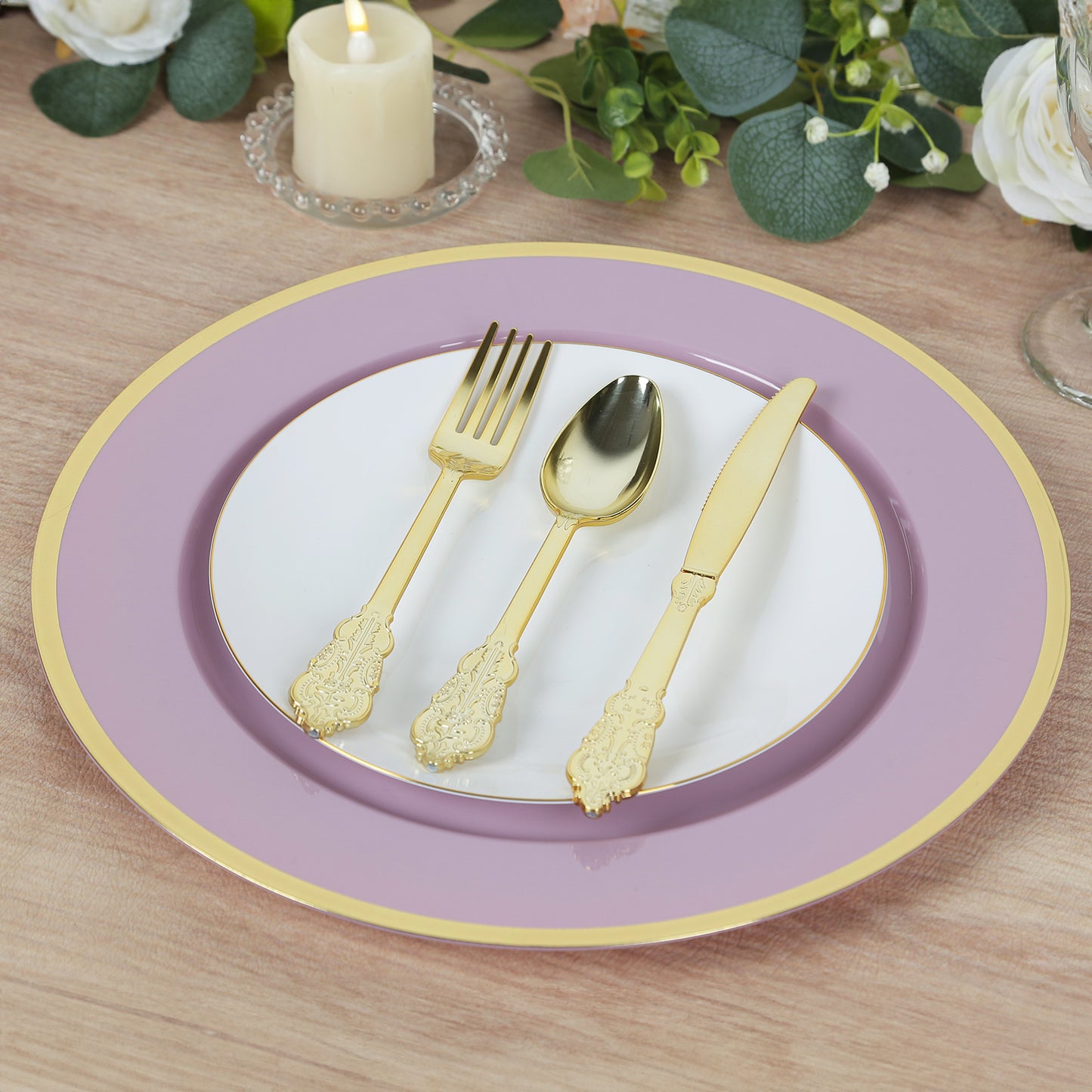 10 Pack Lavender Lilac Economy Plastic Charger Plates With Gold Rim, 12" Round Dinner Chargers Event Tabletop Decor