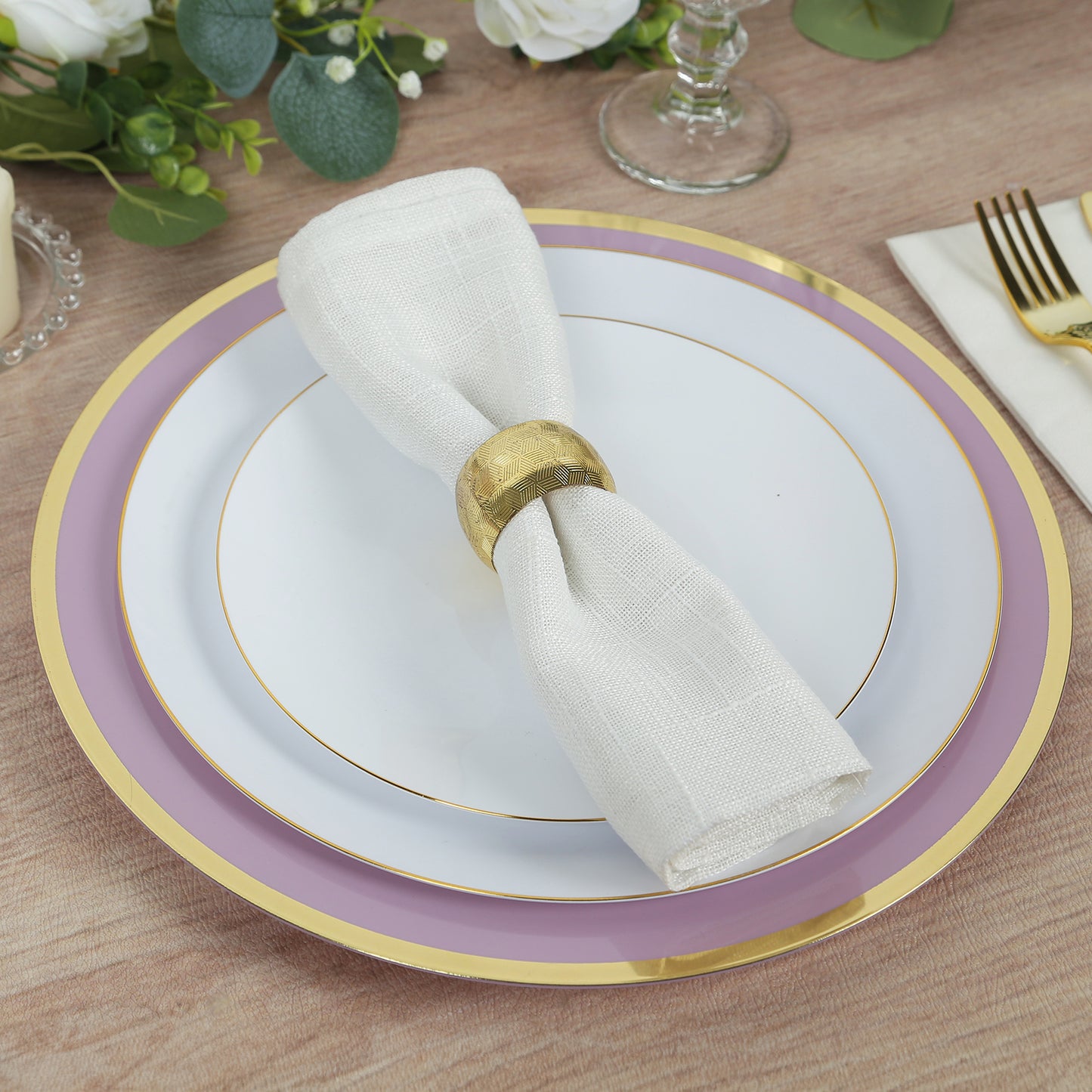 10 Pack Lavender Lilac Economy Plastic Charger Plates With Gold Rim, 12" Round Dinner Chargers Event Tabletop Decor