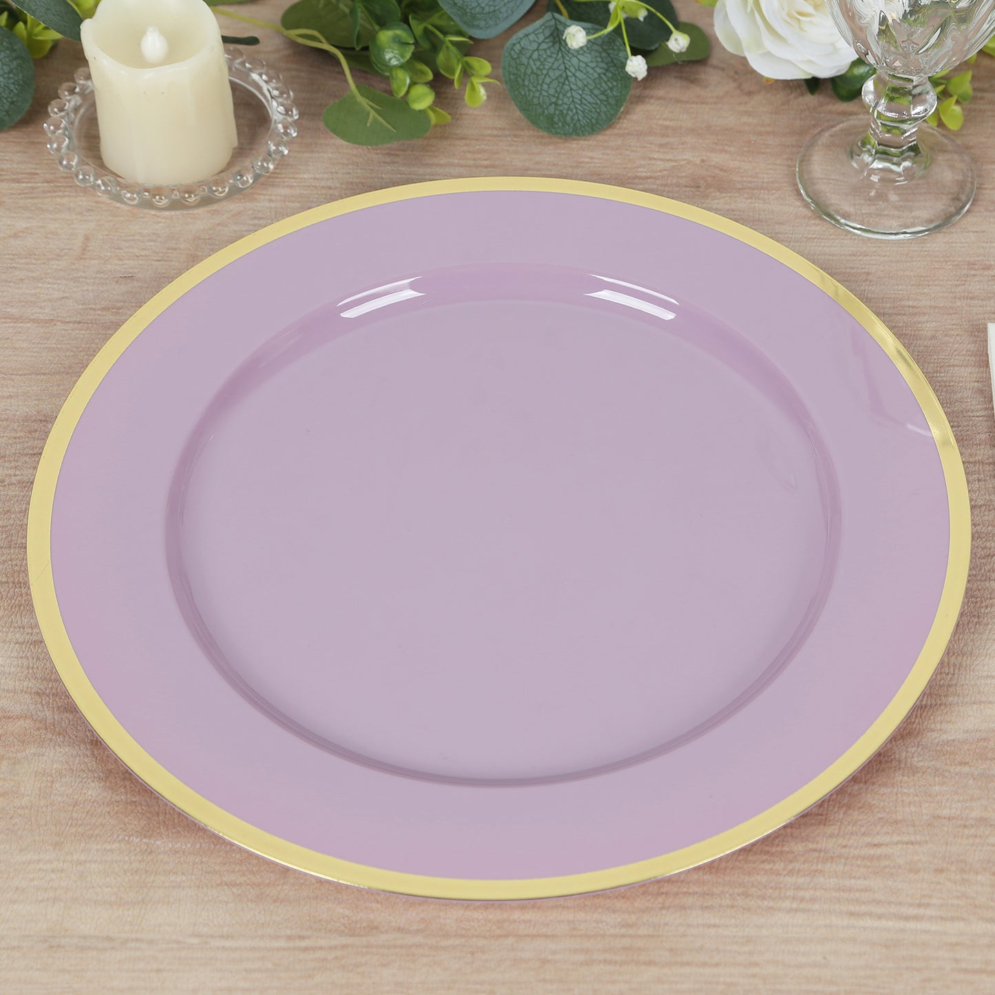 10 Pack Lavender Lilac Economy Plastic Charger Plates With Gold Rim, 12" Round Dinner Chargers Event Tabletop Decor