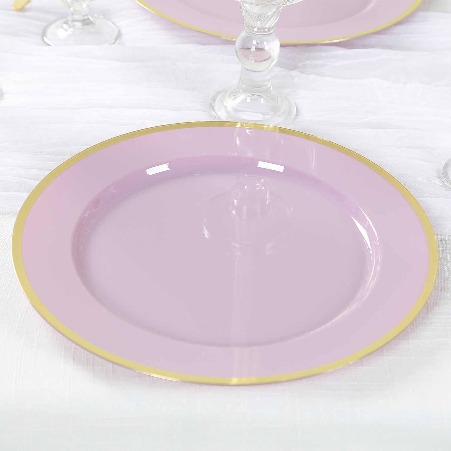 10 Pack Lavender Lilac Economy Plastic Charger Plates With Gold Rim, 12" Round Dinner Chargers Event Tabletop Decor