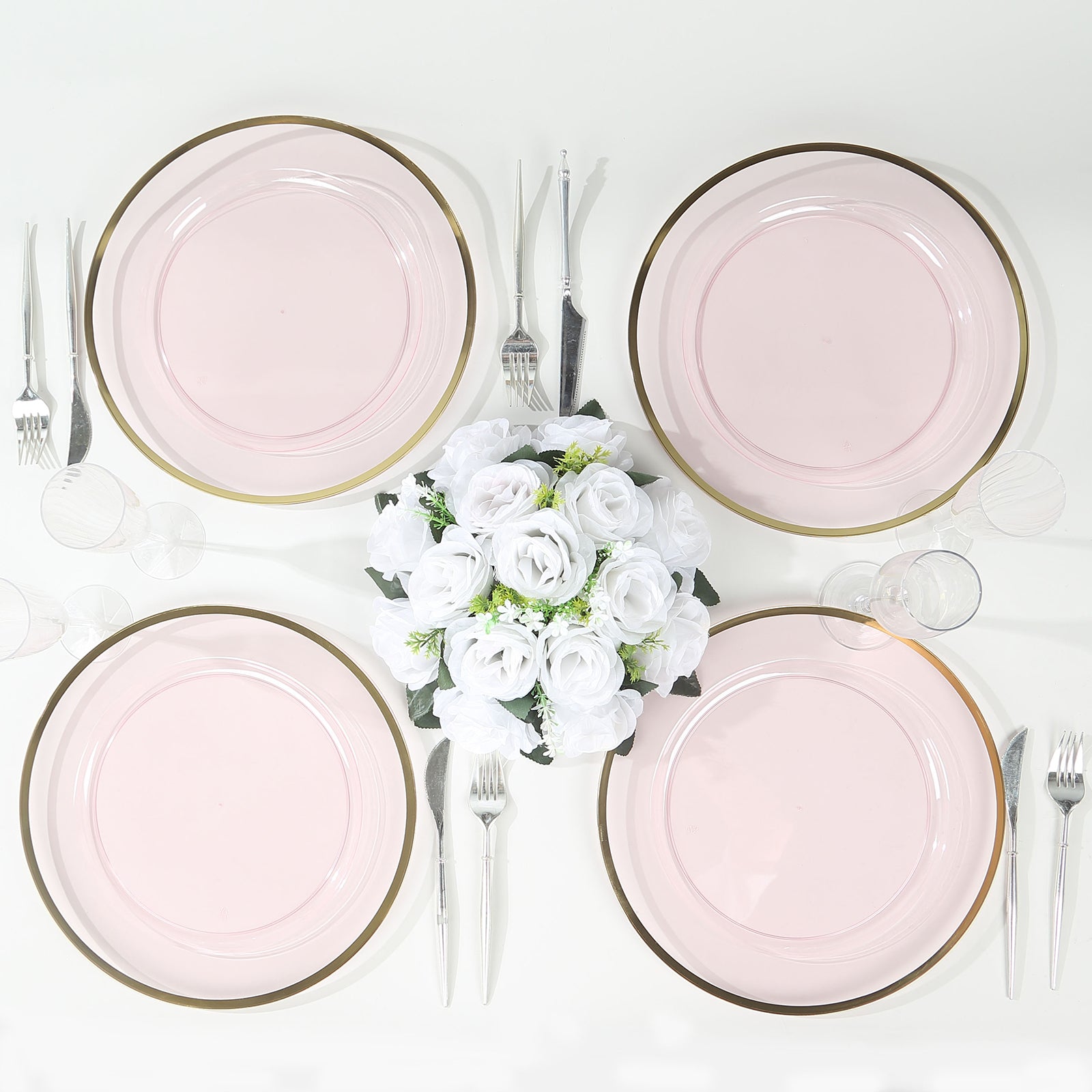 10 Pack Transparent Blush Economy Plastic Charger Plates With Gold Rim, 12" Round Dinner Chargers Event Tabletop Decor