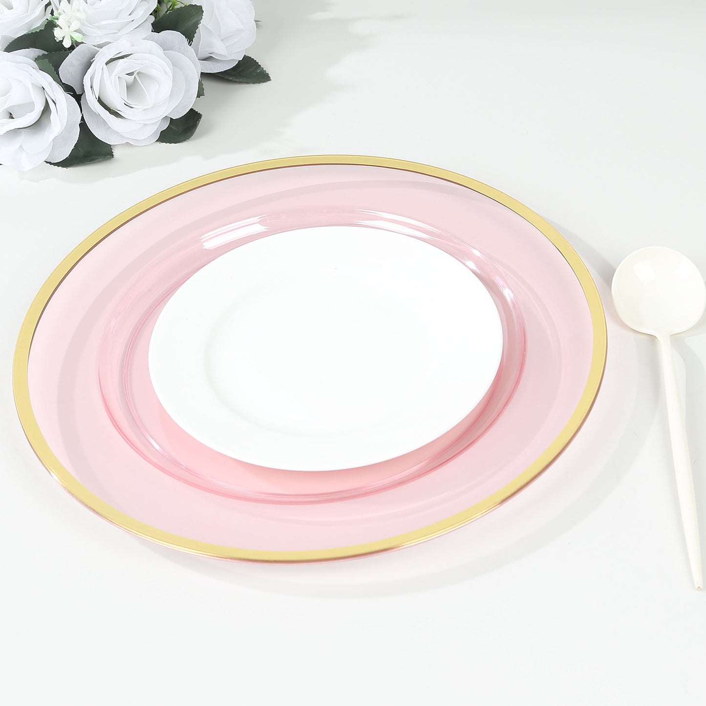 10 Pack Transparent Blush Economy Plastic Charger Plates With Gold Rim, 12" Round Dinner Chargers Event Tabletop Decor