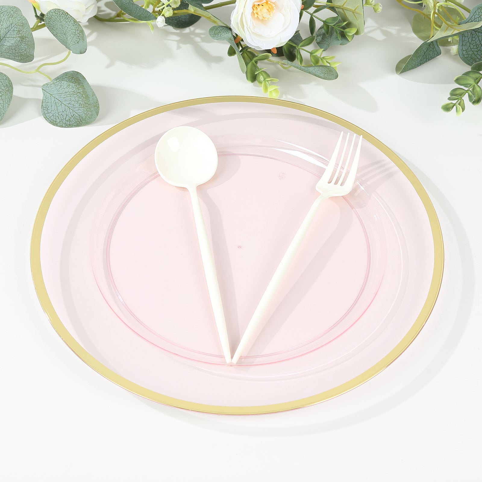 10 Pack Transparent Blush Economy Plastic Charger Plates With Gold Rim, 12" Round Dinner Chargers Event Tabletop Decor