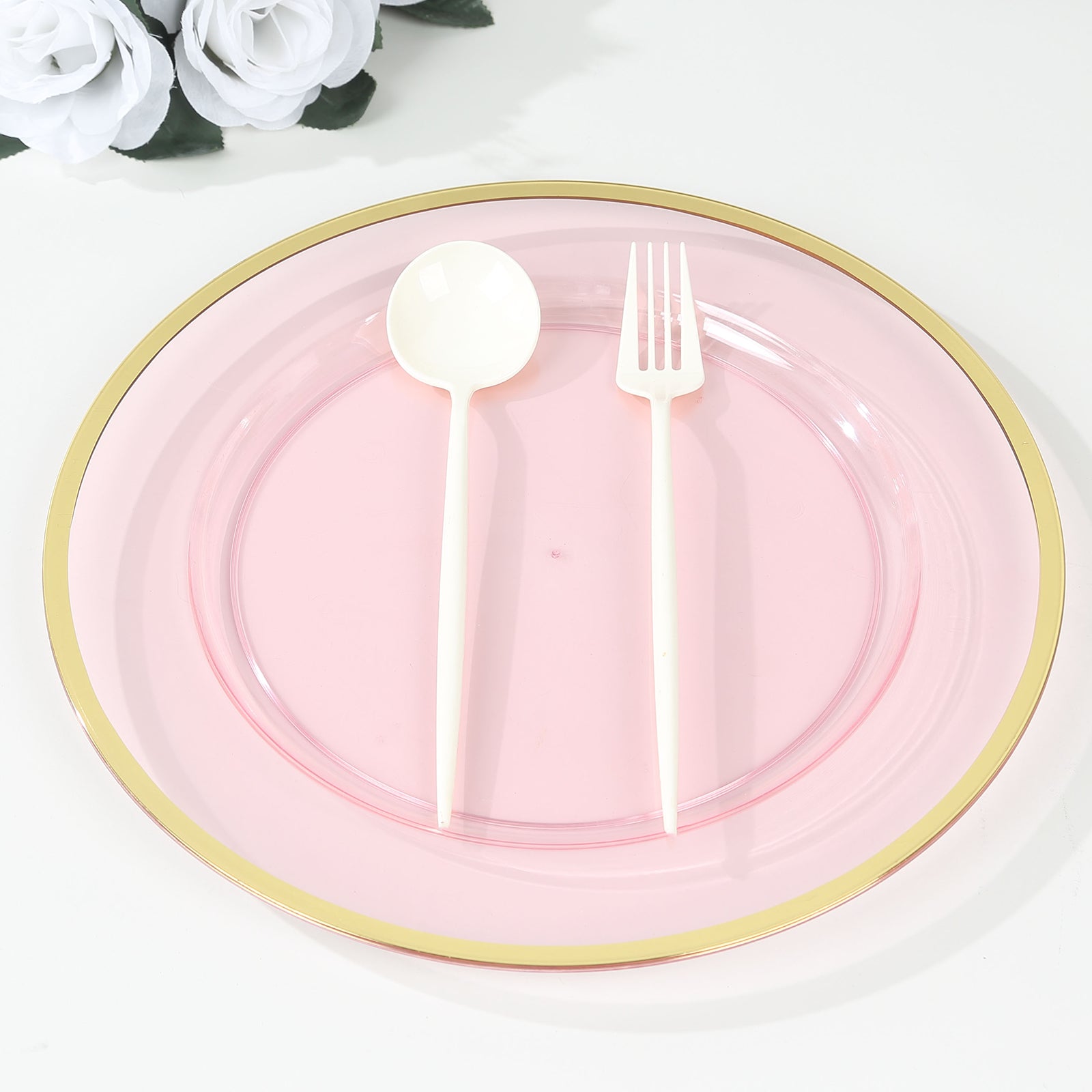 10 Pack Transparent Blush Economy Plastic Charger Plates With Gold Rim, 12" Round Dinner Chargers Event Tabletop Decor