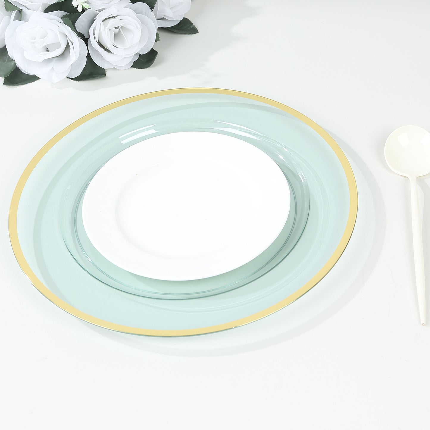 10 Pack Transparent Blue Economy Plastic Charger Plates With Gold Rim, 12" Round Dinner Chargers Event Tabletop Decor