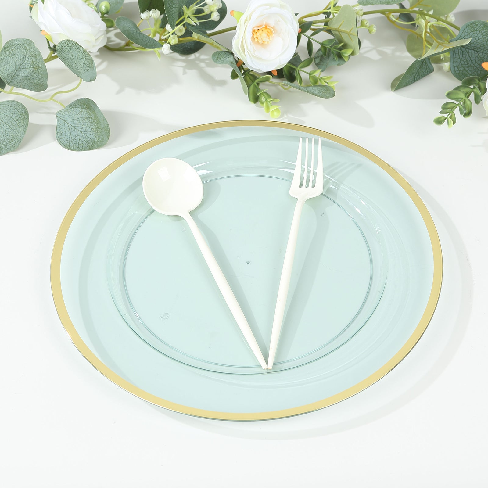 10 Pack Transparent Blue Economy Plastic Charger Plates With Gold Rim, 12" Round Dinner Chargers Event Tabletop Decor