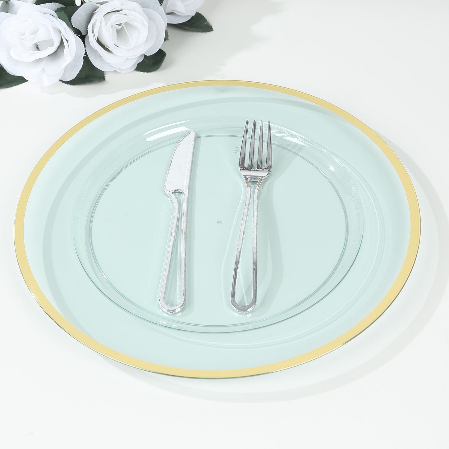 10 Pack Transparent Blue Economy Plastic Charger Plates With Gold Rim, 12" Round Dinner Chargers Event Tabletop Decor