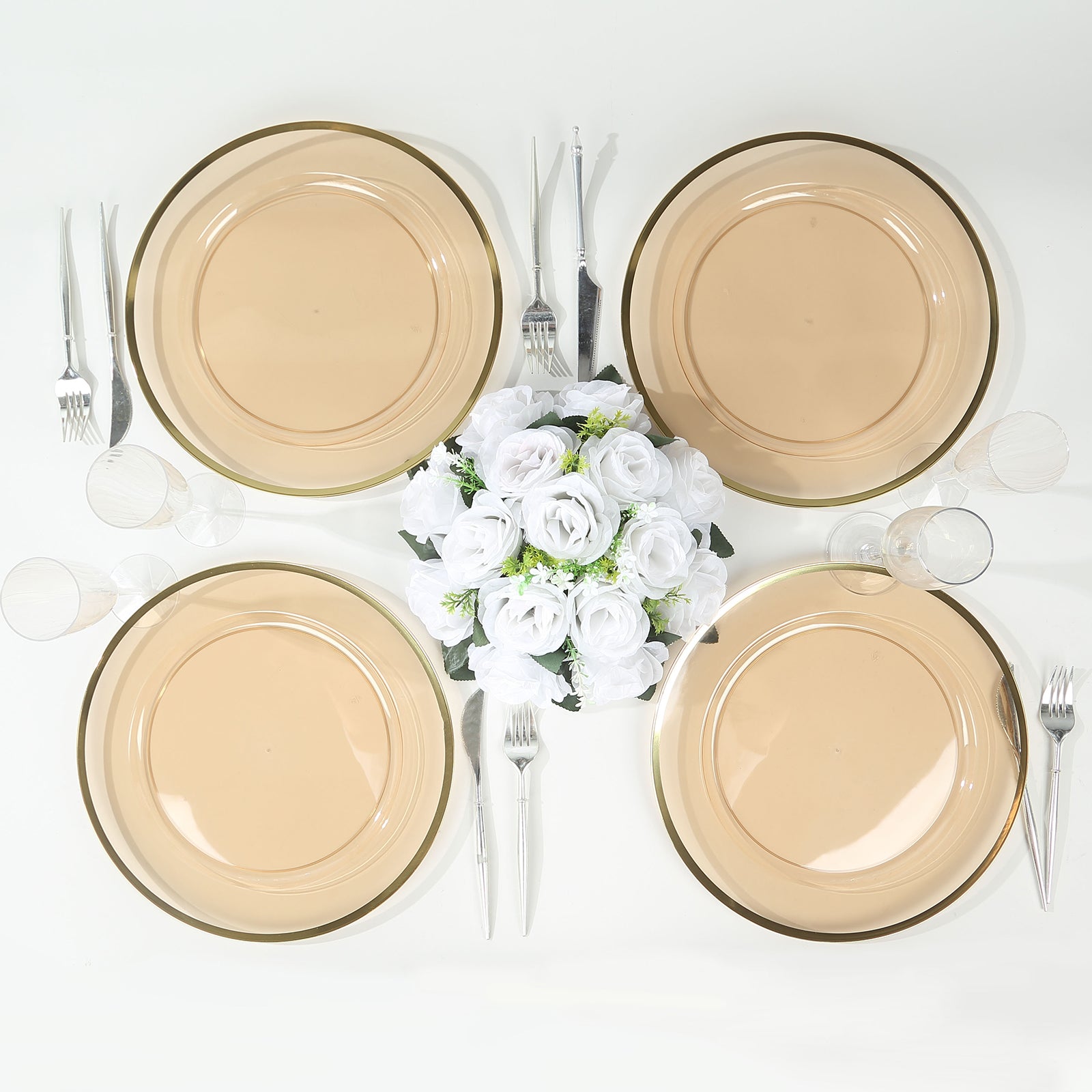 10 Pack Amber Gold Economy Plastic Charger Plates With Gold Rim, 12" Round Transparent Dinner Chargers Event Tabletop Decor