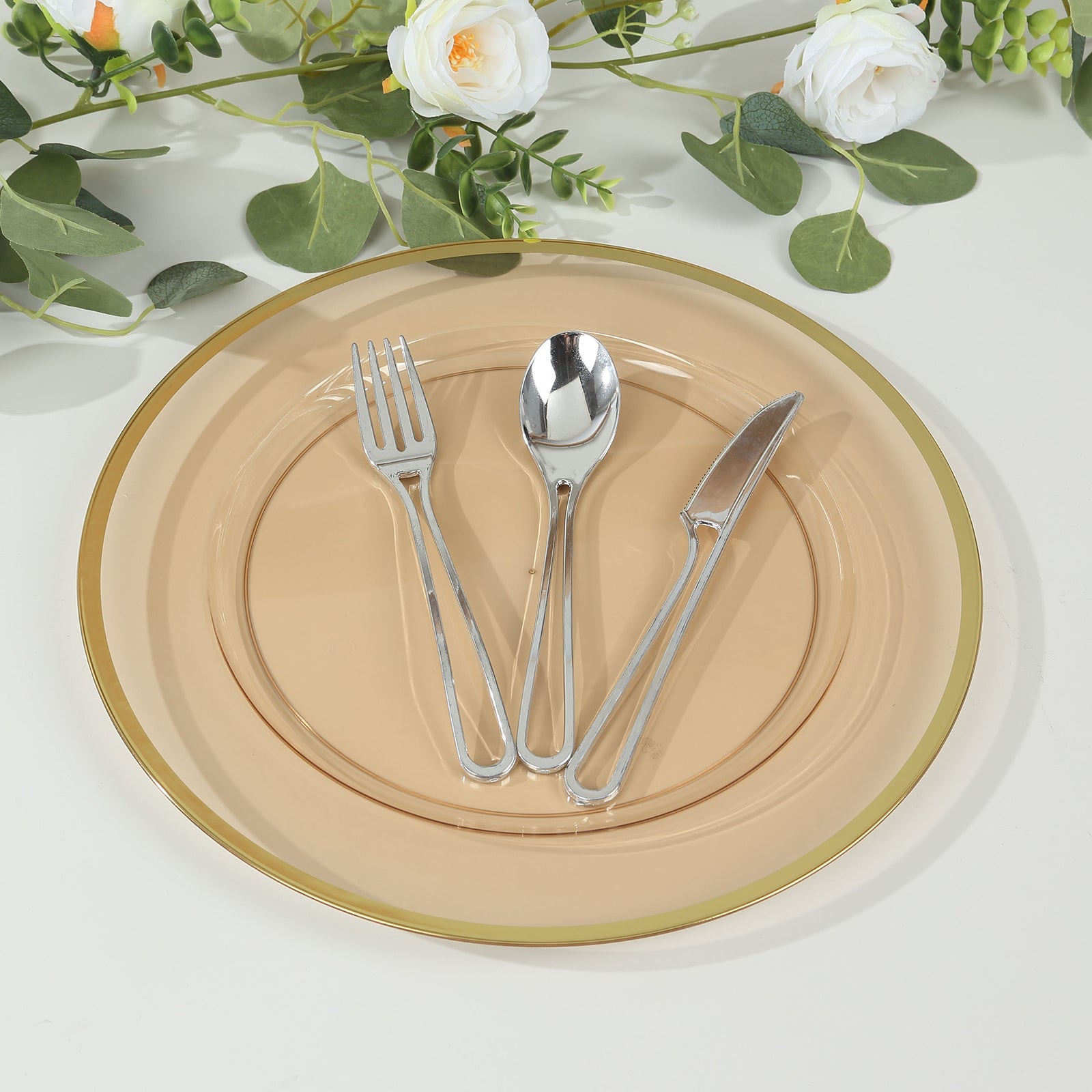 10 Pack Amber Gold Economy Plastic Charger Plates With Gold Rim, 12" Round Transparent Dinner Chargers Event Tabletop Decor