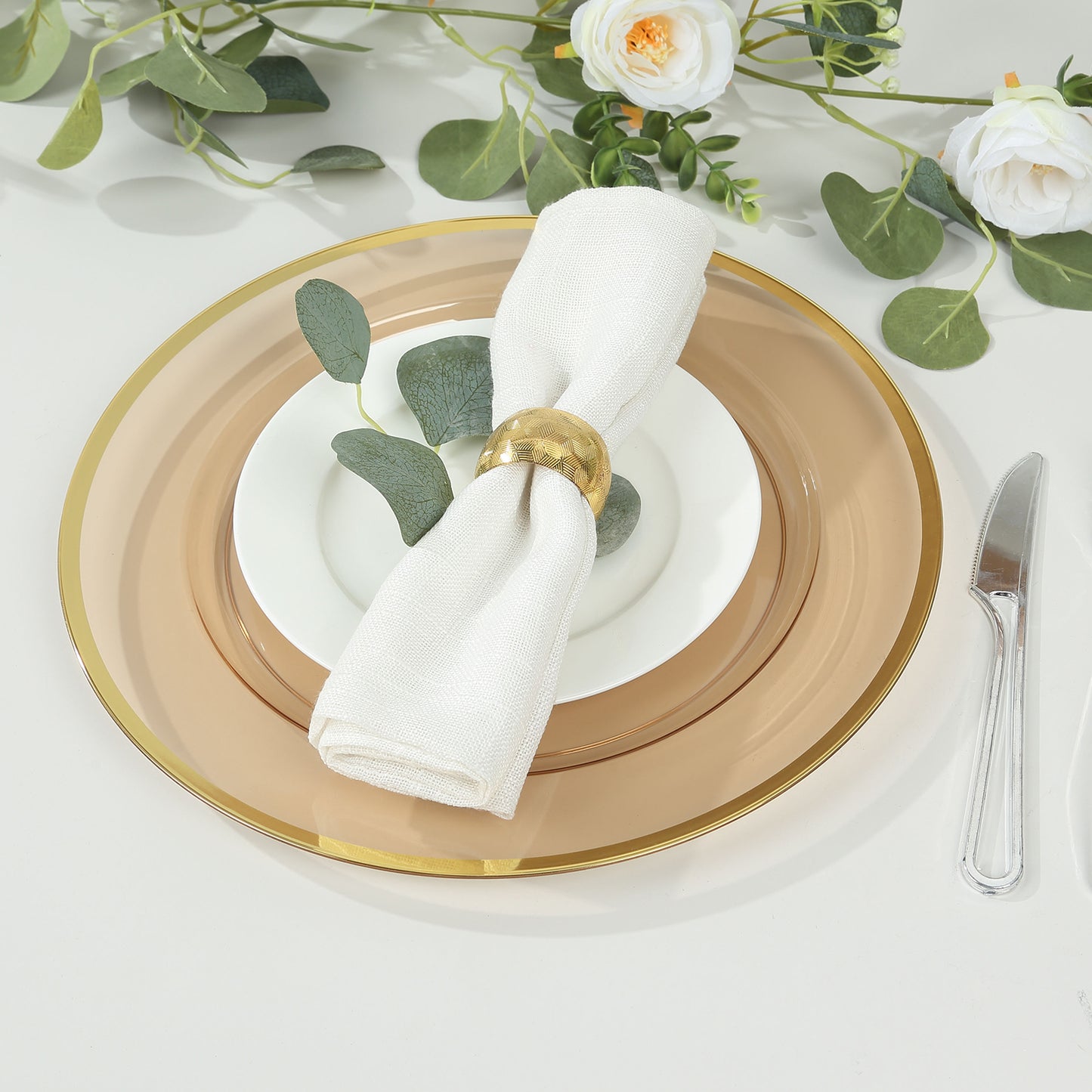 10 Pack Amber Gold Economy Plastic Charger Plates With Gold Rim, 12" Round Transparent Dinner Chargers Event Tabletop Decor