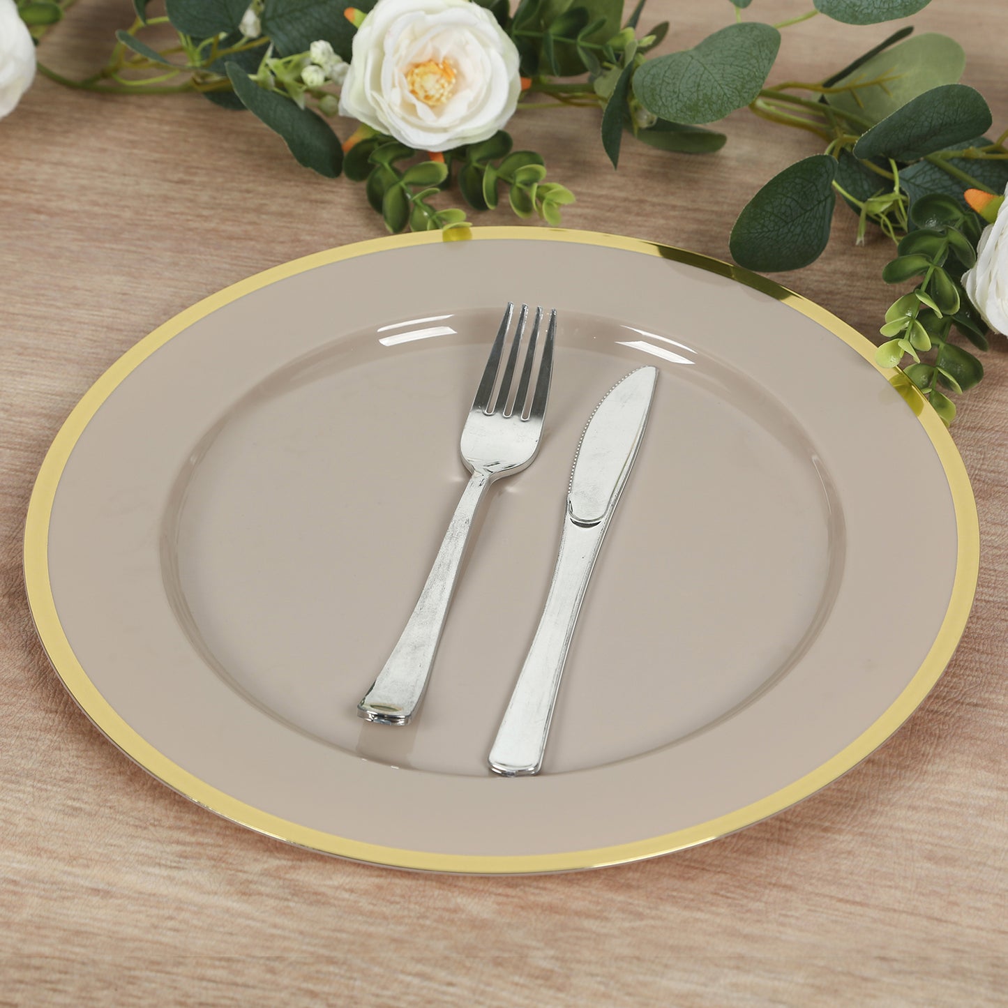 10 Pack Taupe Economy Plastic Charger Plates With Gold Rim, 12" Round Dinner Chargers Event Tabletop Decor