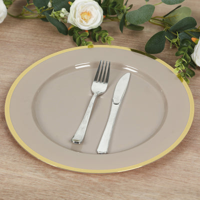 Taupe Charger Plates with Gold Rim