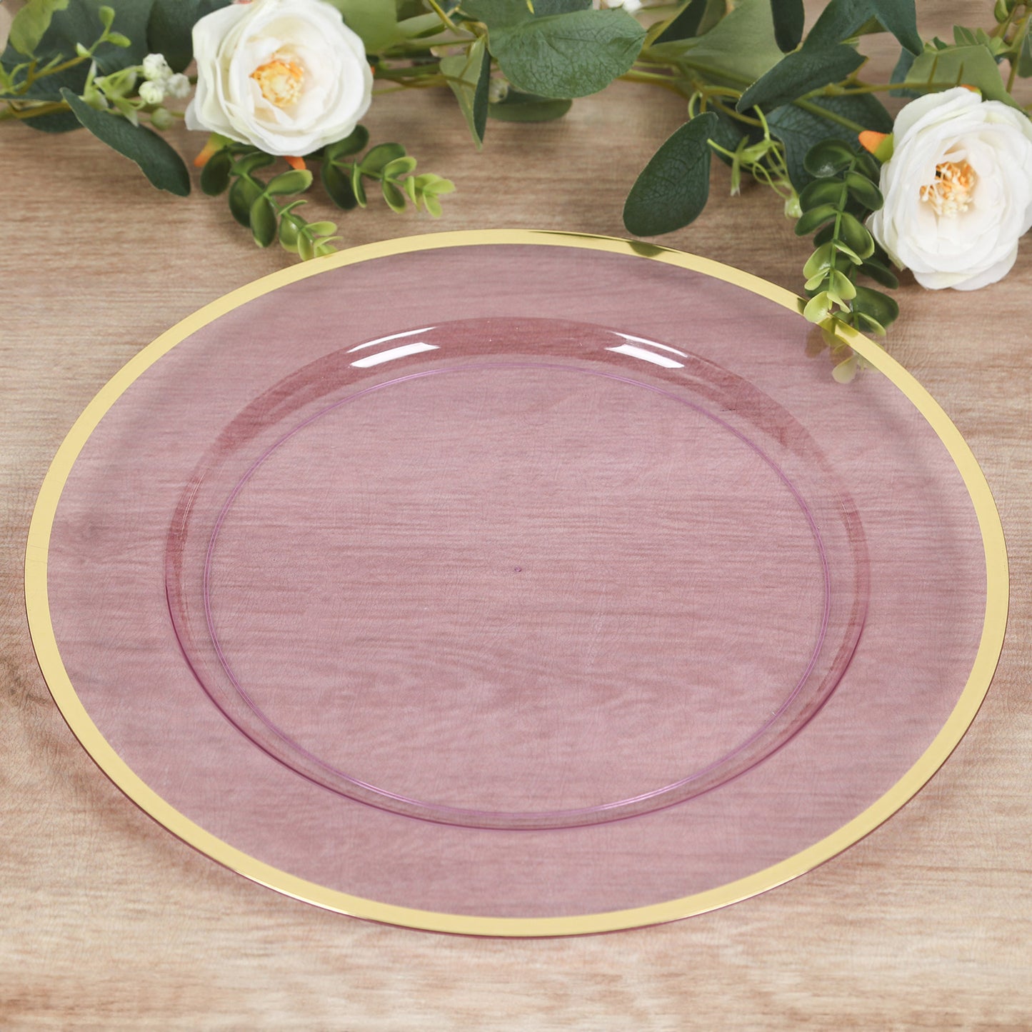 10 Pack Purple Economy Plastic Charger Plates With Gold Rim, 12" Round Transparent Dinner Chargers Event Tabletop Decor