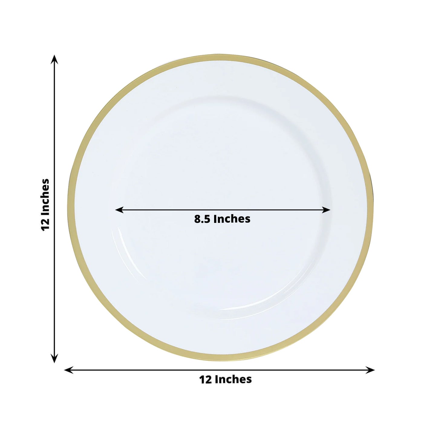 10 Pack White Economy Plastic Charger Plates With Gold Rim, 12" Round Dinner Chargers Event Tabletop Decor