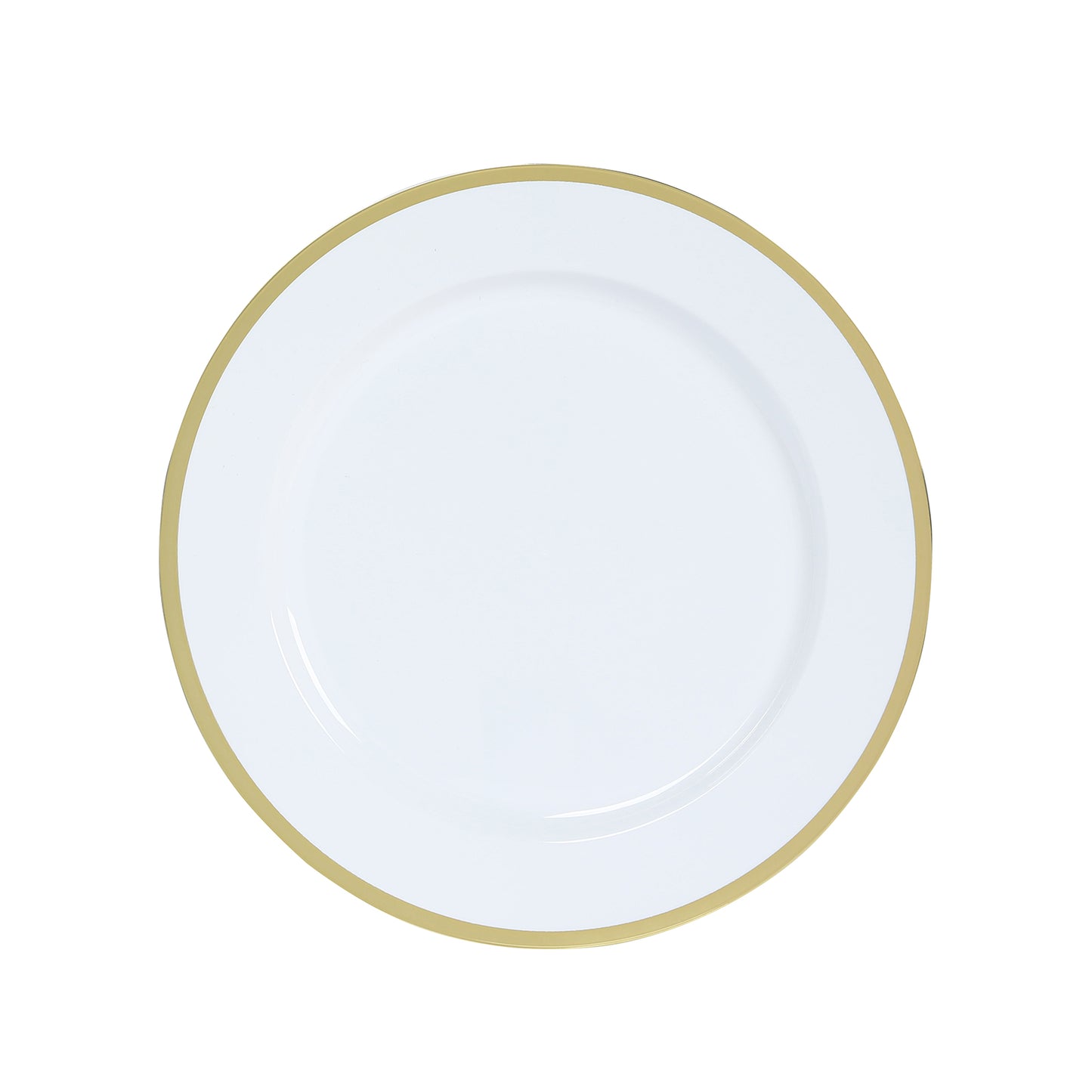 10 Pack White Economy Plastic Charger Plates With Gold Rim, 12" Round Dinner Chargers Event Tabletop Decor