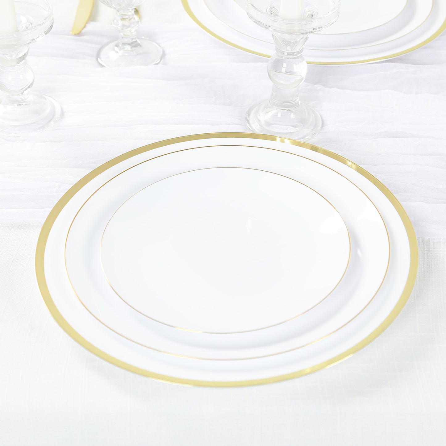 10 Pack White Economy Plastic Charger Plates With Gold Rim, 12" Round Dinner Chargers Event Tabletop Decor