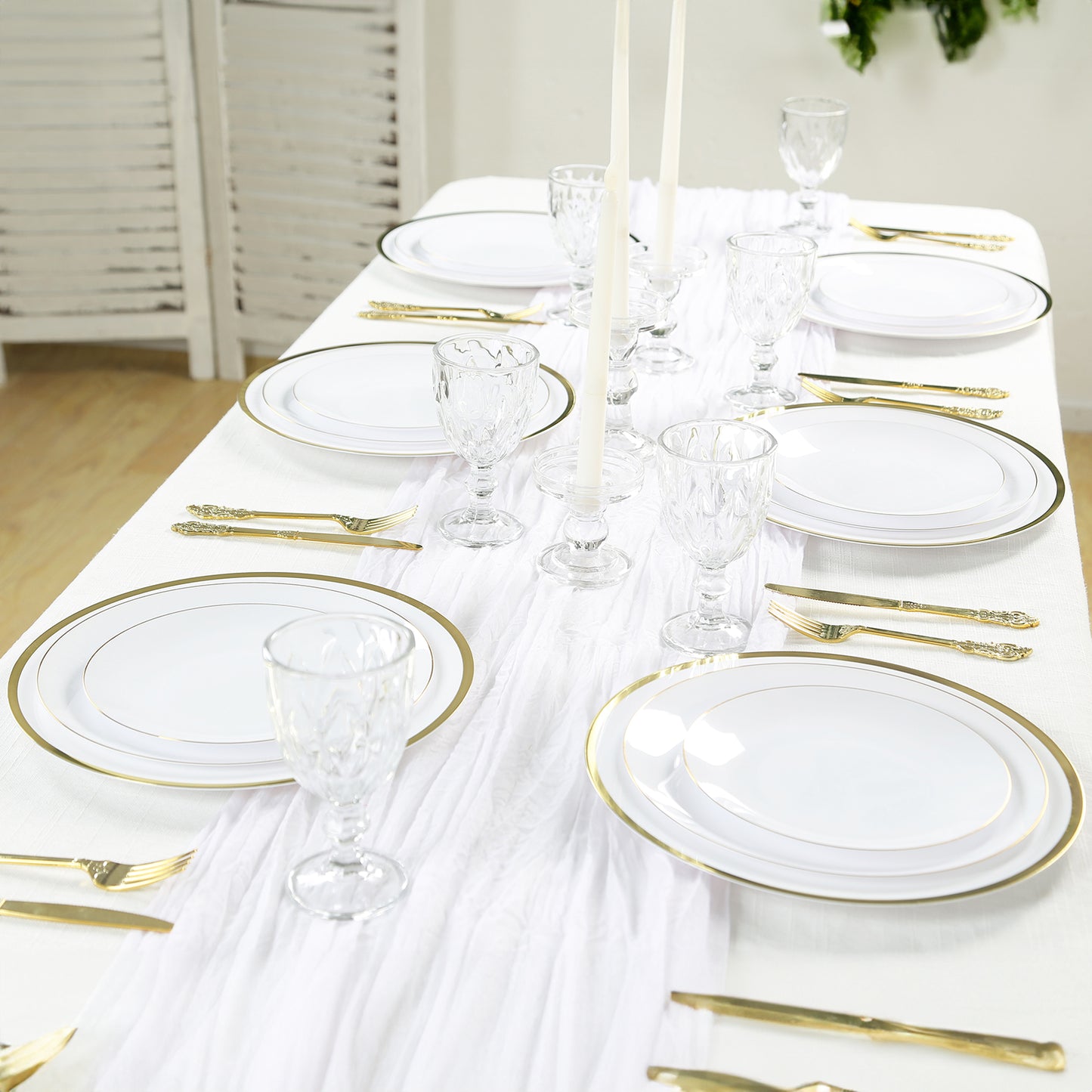 10 Pack White Economy Plastic Charger Plates With Gold Rim, 12" Round Dinner Chargers Event Tabletop Decor