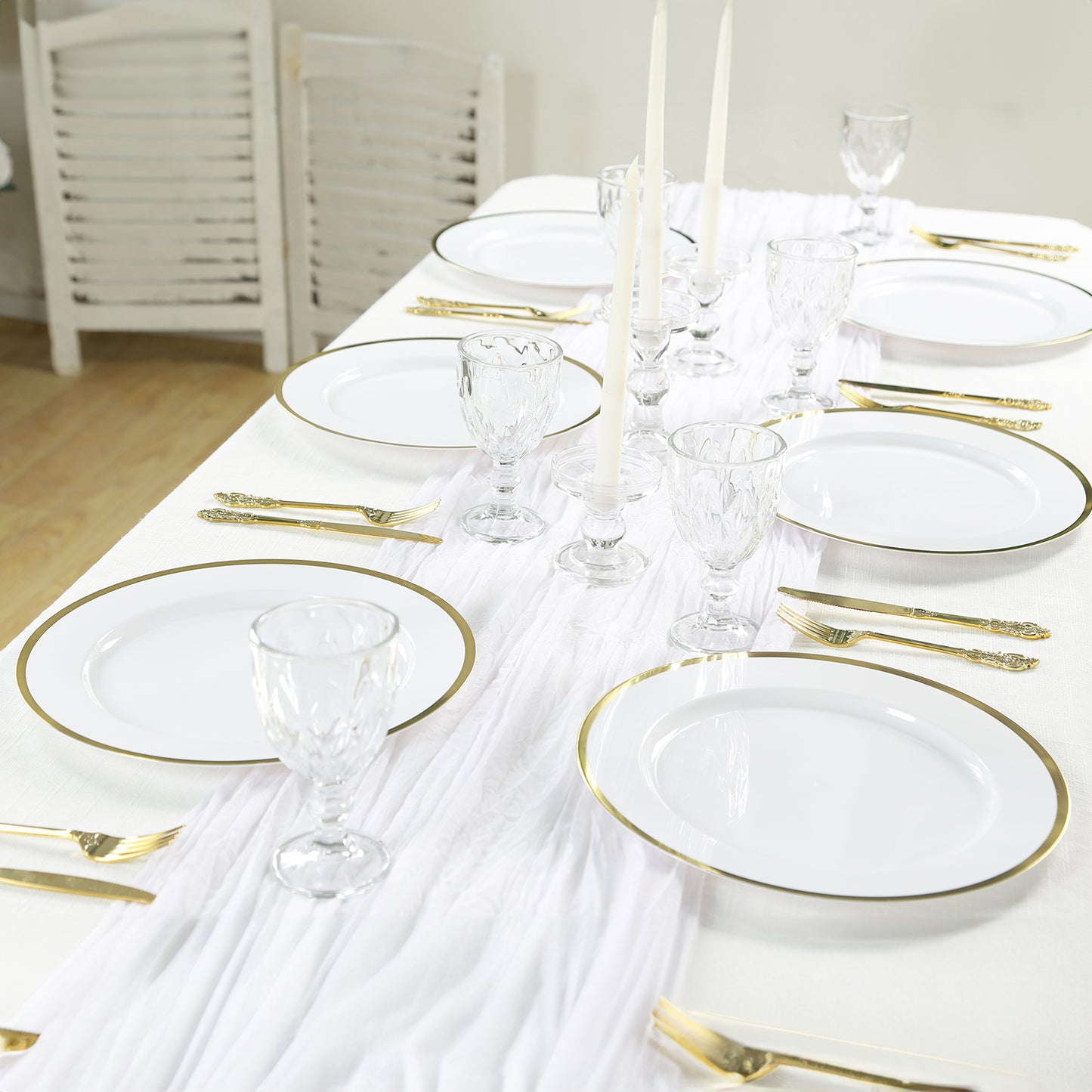 10 Pack White Economy Plastic Charger Plates With Gold Rim, 12" Round Dinner Chargers Event Tabletop Decor