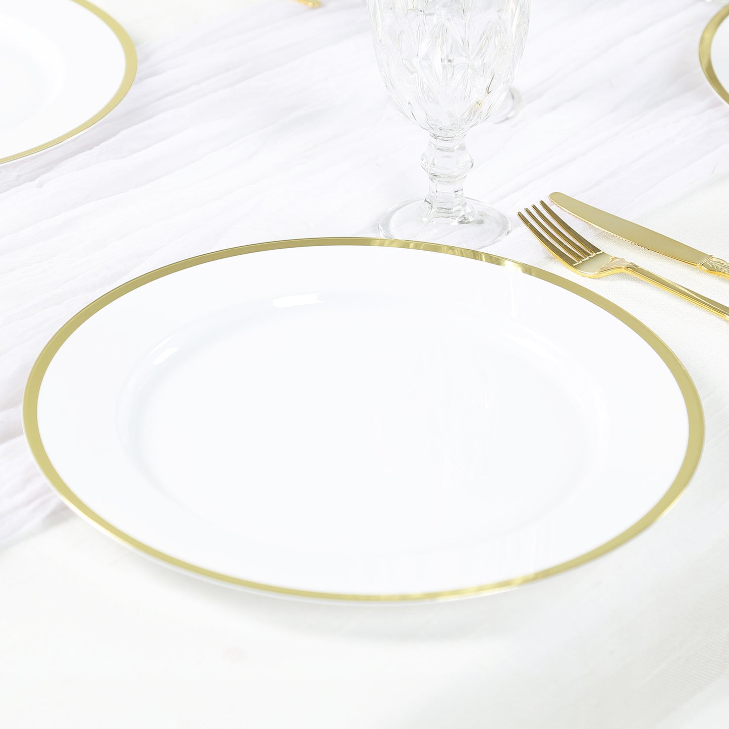 10 Pack White Economy Plastic Charger Plates With Gold Rim, 12" Round Dinner Chargers Event Tabletop Decor