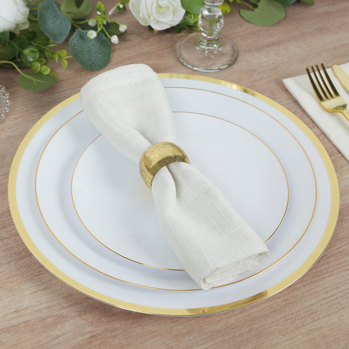 10 Pack White Economy Plastic Charger Plates With Gold Rim, 12" Round Dinner Chargers Event Tabletop Decor