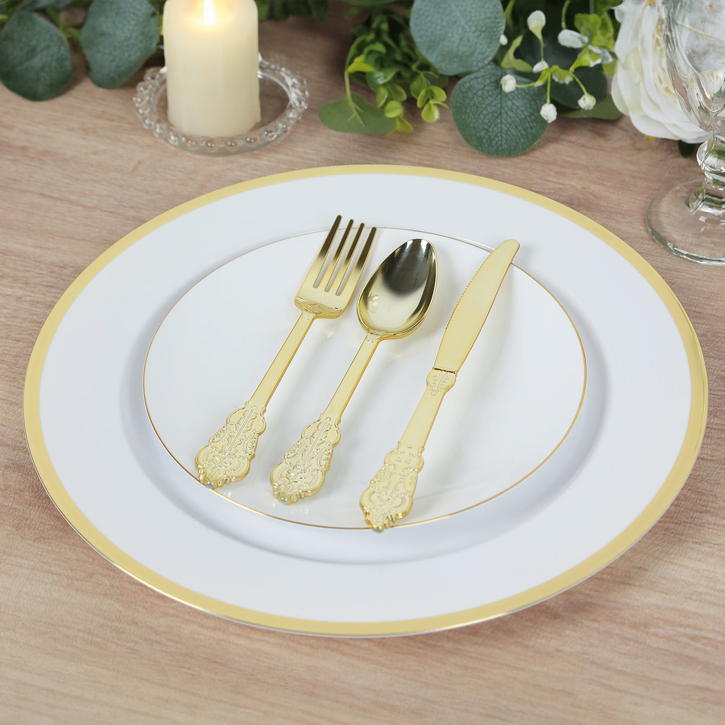 10 Pack White Economy Plastic Charger Plates With Gold Rim, 12" Round Dinner Chargers Event Tabletop Decor