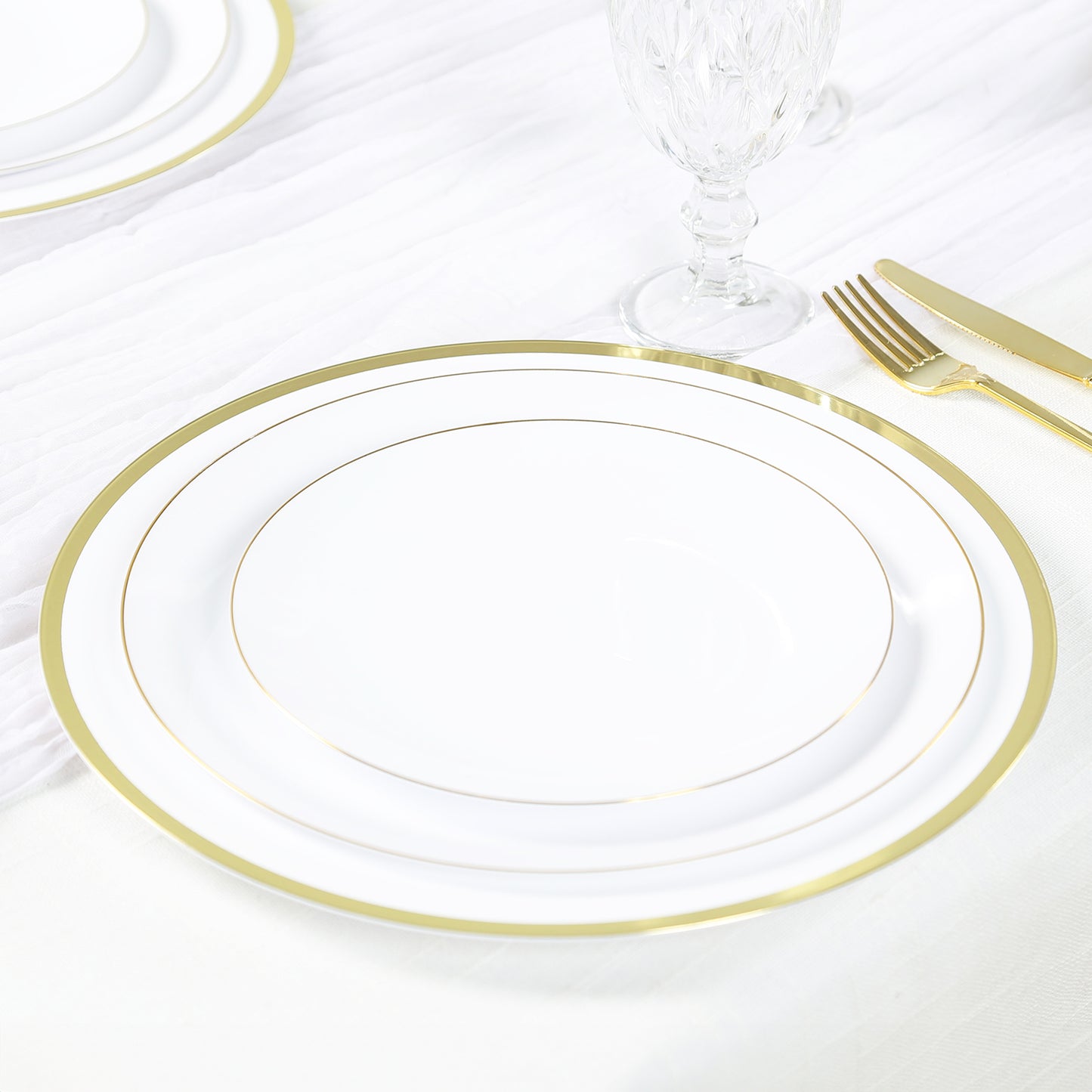 10 Pack White Economy Plastic Charger Plates With Gold Rim, 12" Round Dinner Chargers Event Tabletop Decor