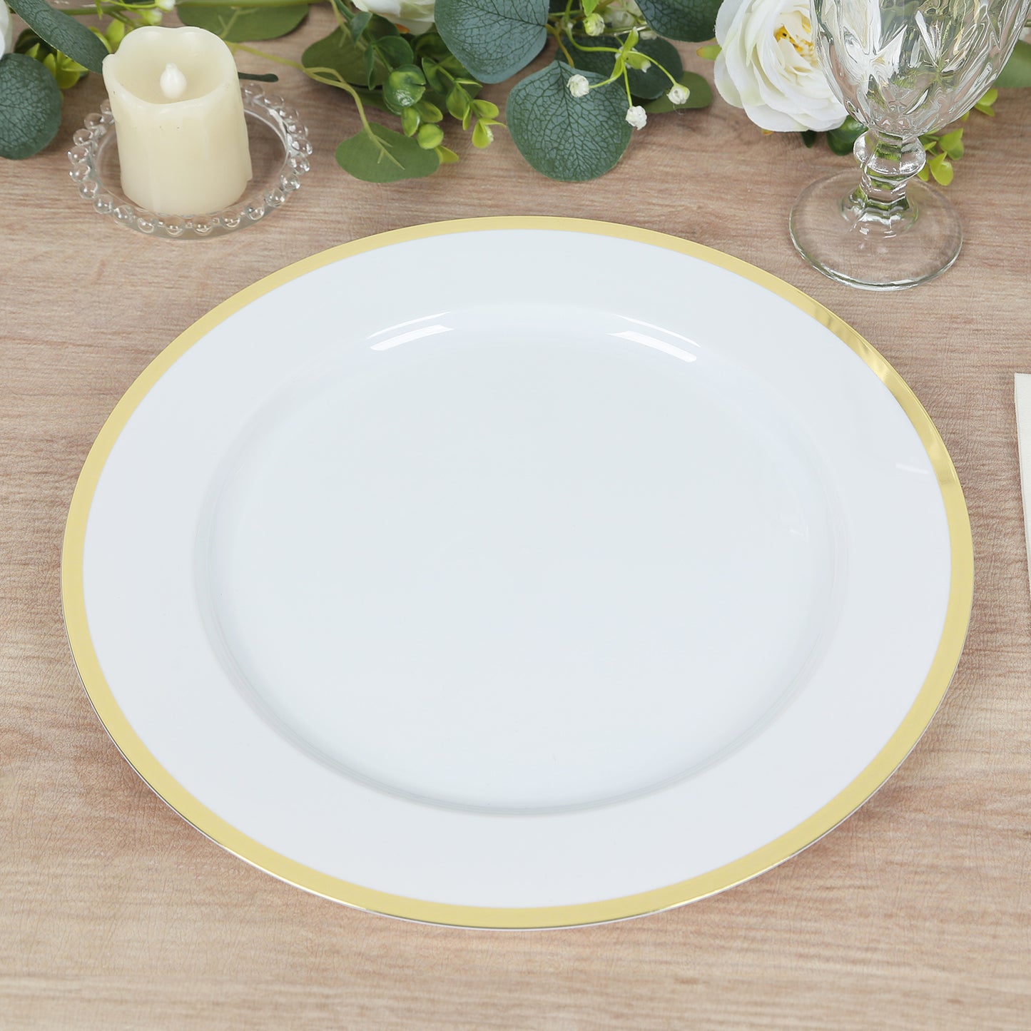 10 Pack White Economy Plastic Charger Plates With Gold Rim, 12" Round Dinner Chargers Event Tabletop Decor