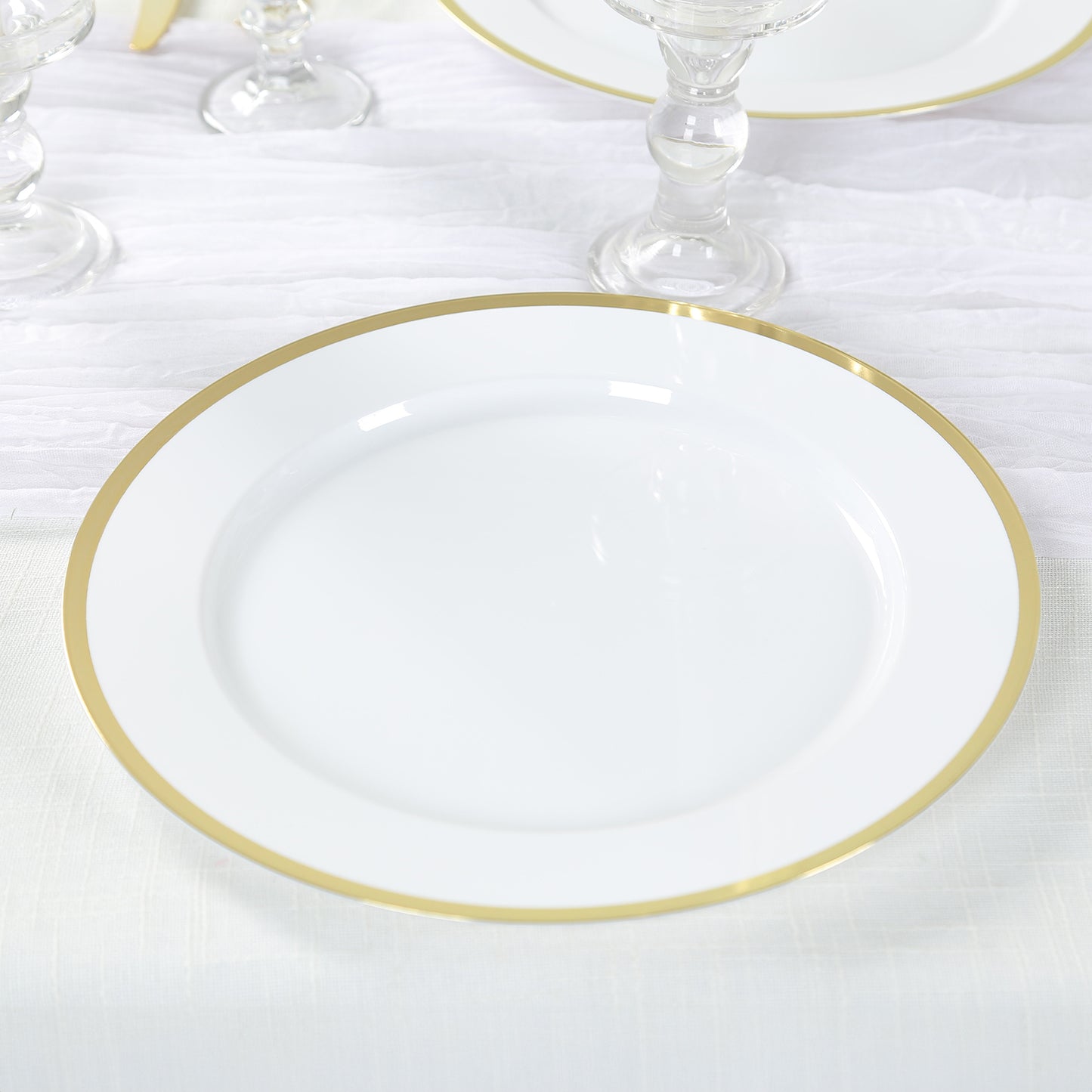 10 Pack White Economy Plastic Charger Plates With Gold Rim, 12" Round Dinner Chargers Event Tabletop Decor