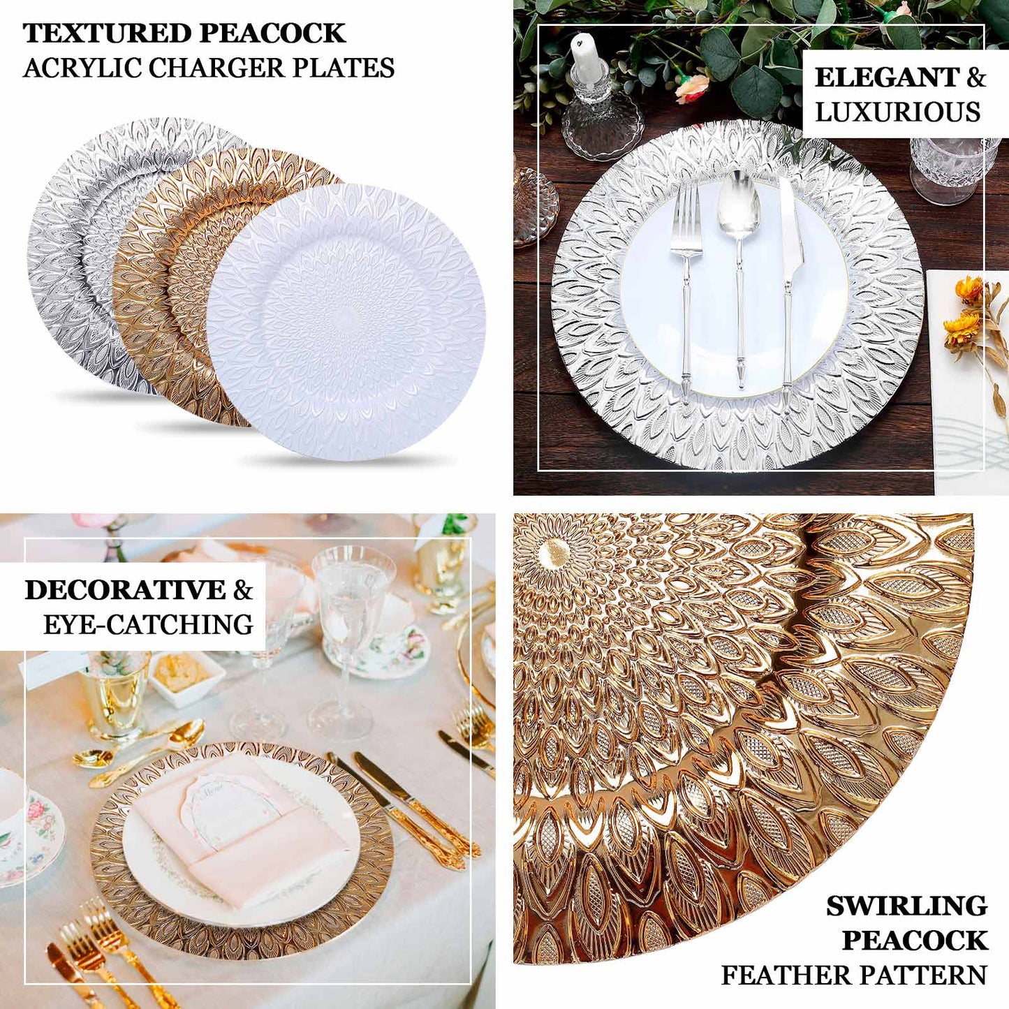 Silver embossed peacock design round disposable charger plates.